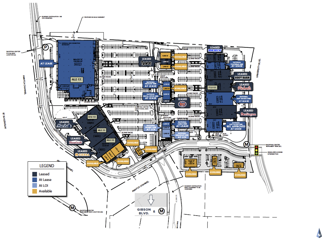 A shopping center site plan showing multiple retail stores with leasing status, parking areas, and surrounding roads. Stores are labeled with size and leasing information, with some marked as leased or available. A legend explains color codes: blue for leased, dark blue for at lease, light blue for at LOI, and orange for available.