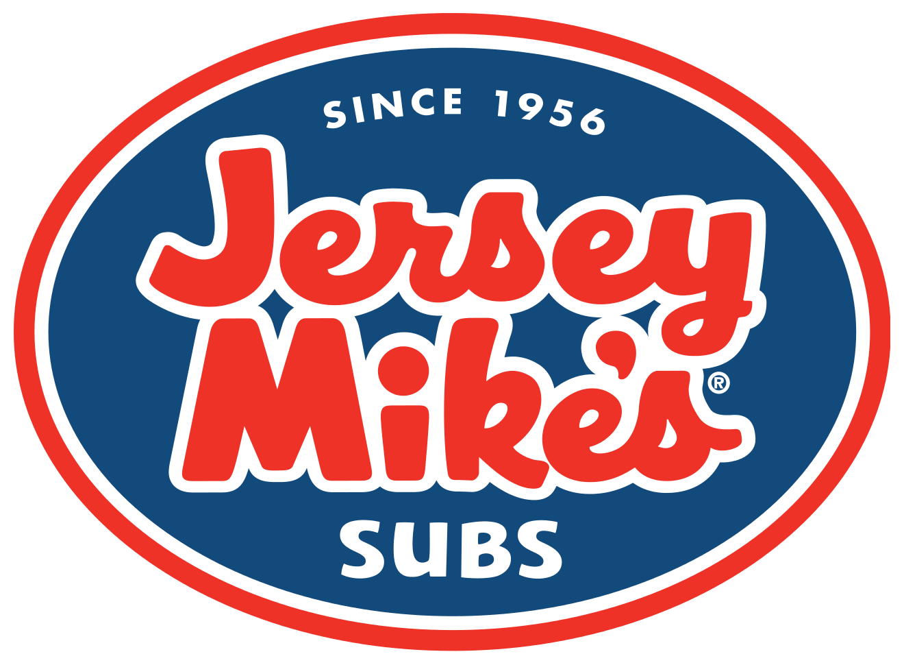 Jersey Mike's logo with red and white text on a navy blue oval background, outlined in red, with white text stating 'Since 1956' at the top and 'Subs' at the bottom.