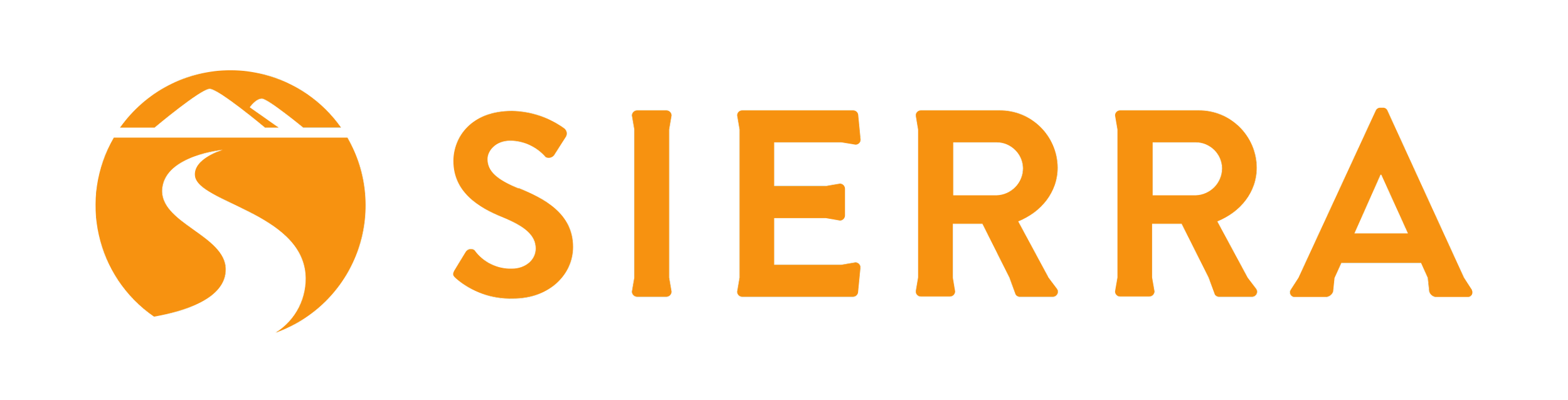 Sierra logo featuring a stylized mountain and river within an orange circle, with the word 'SIERRA' in orange capital letters.