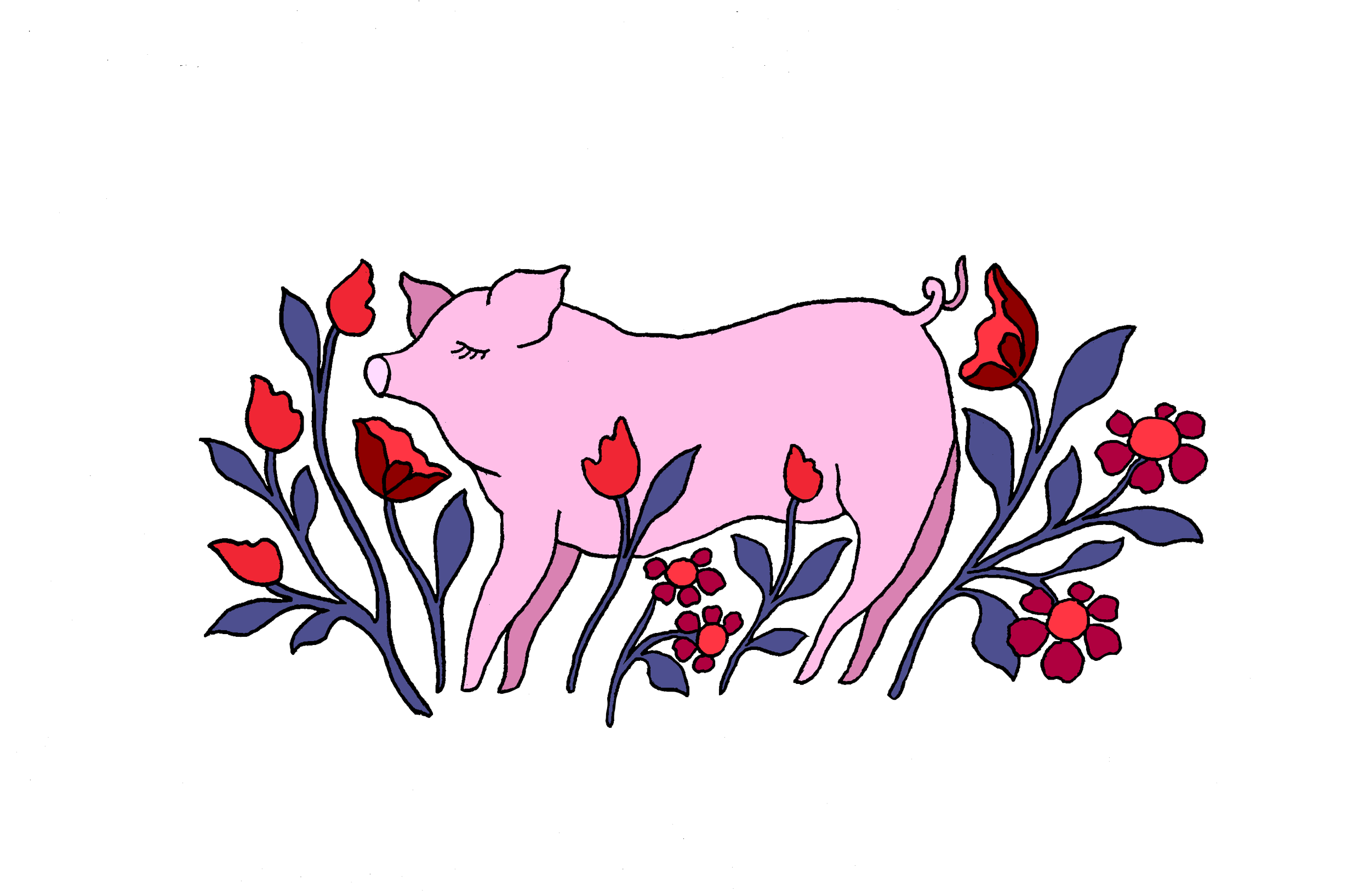 A pink pig with closed eyes surrounded by red and purple flowers on a black background.