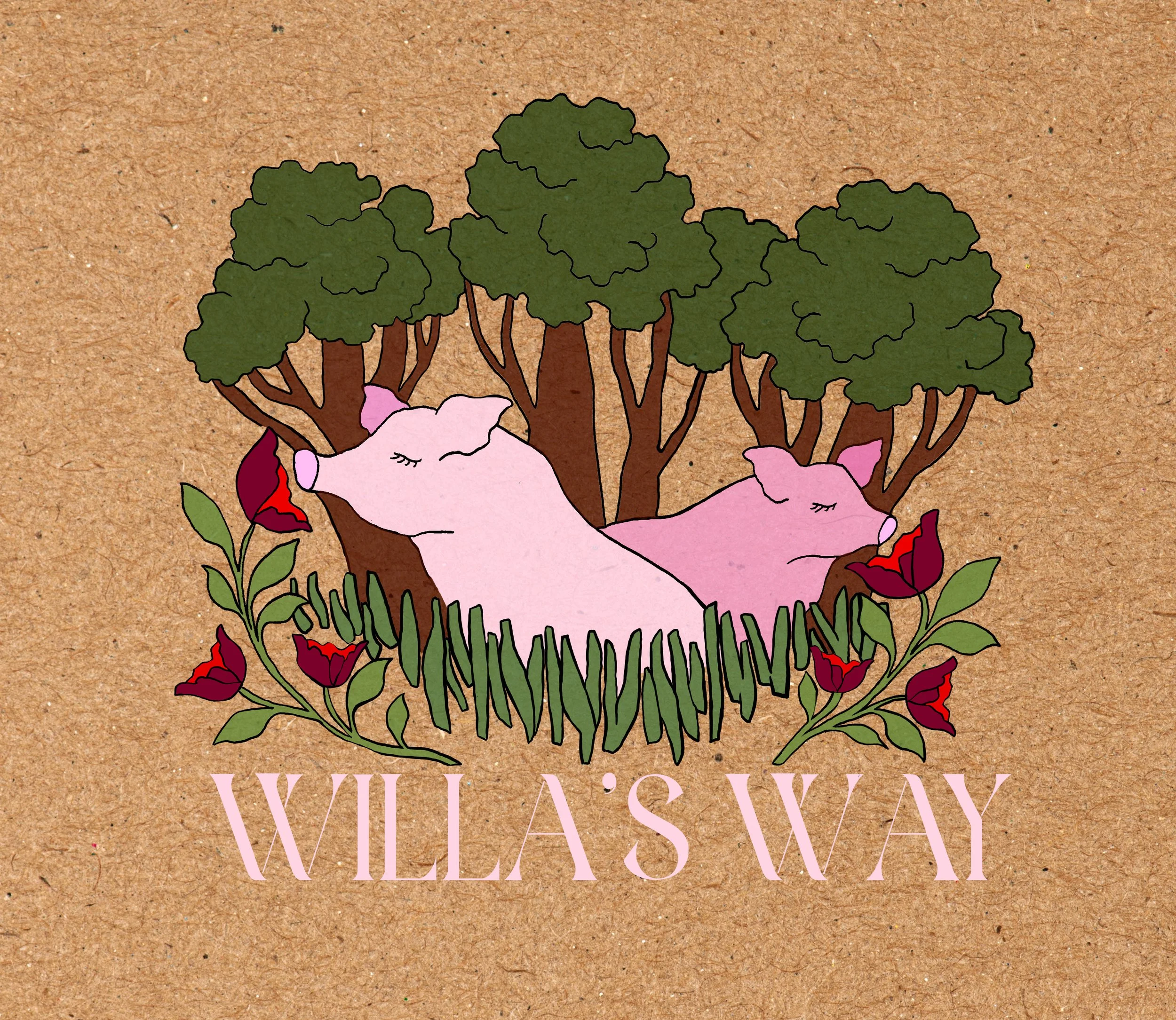 Illustration of pink pigs lying among green plants and trees on a textured background.