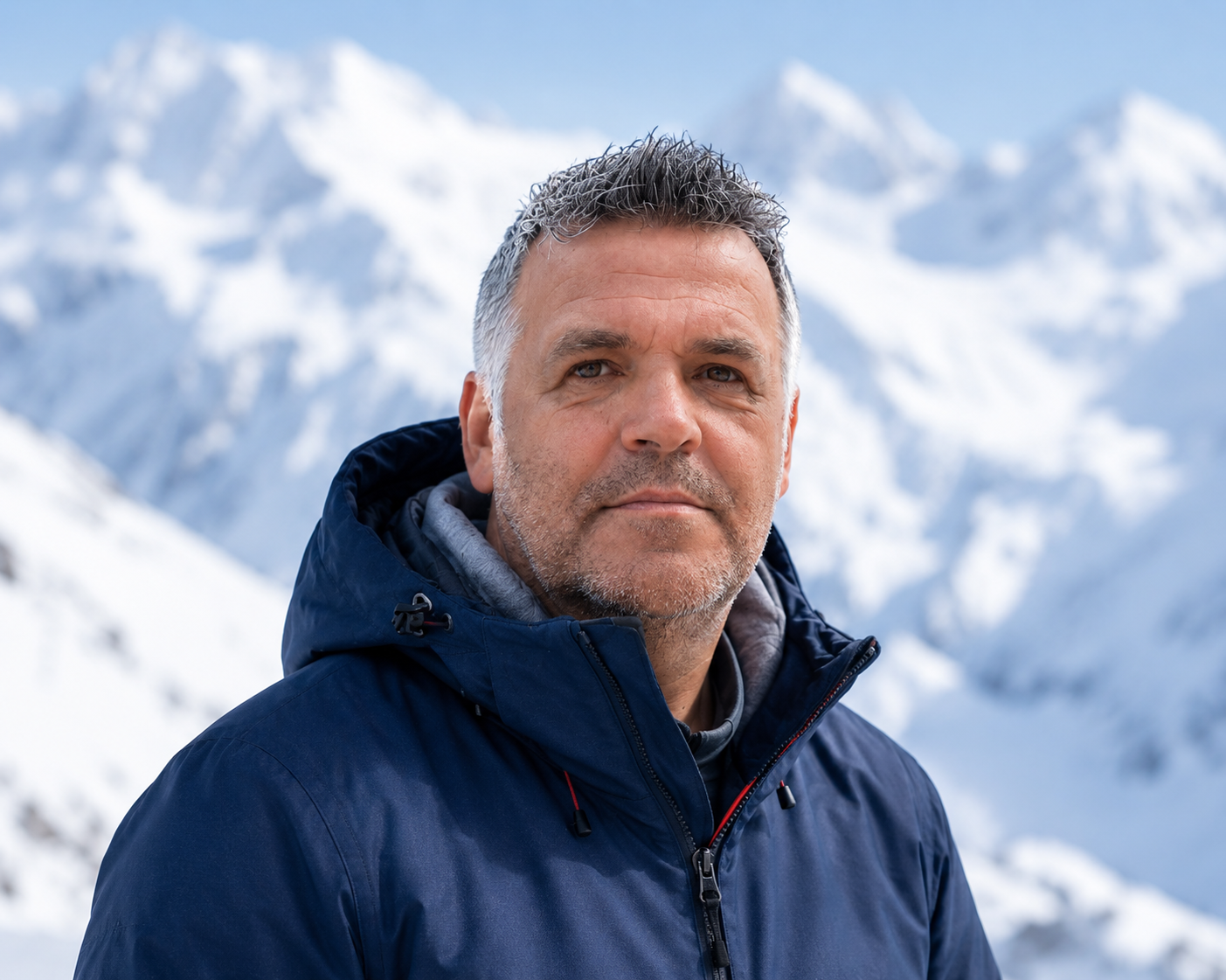 Male ski-instructor standing in front of a snowy mountain