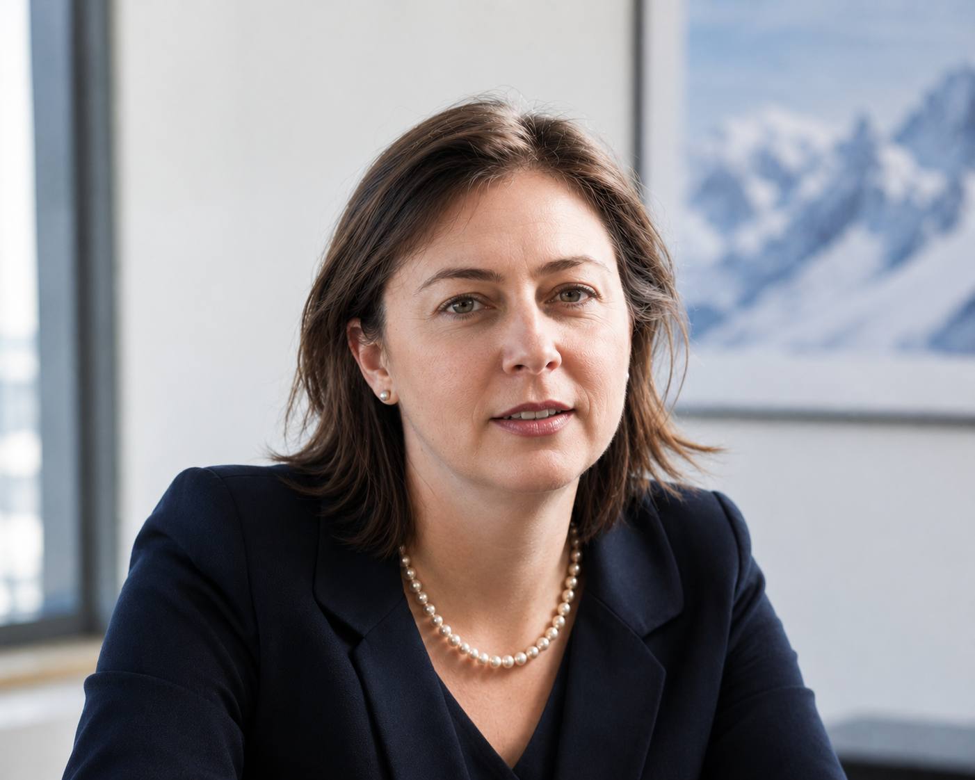 Woman wearing a necklace sitting in an office with a snowy mountain in the background