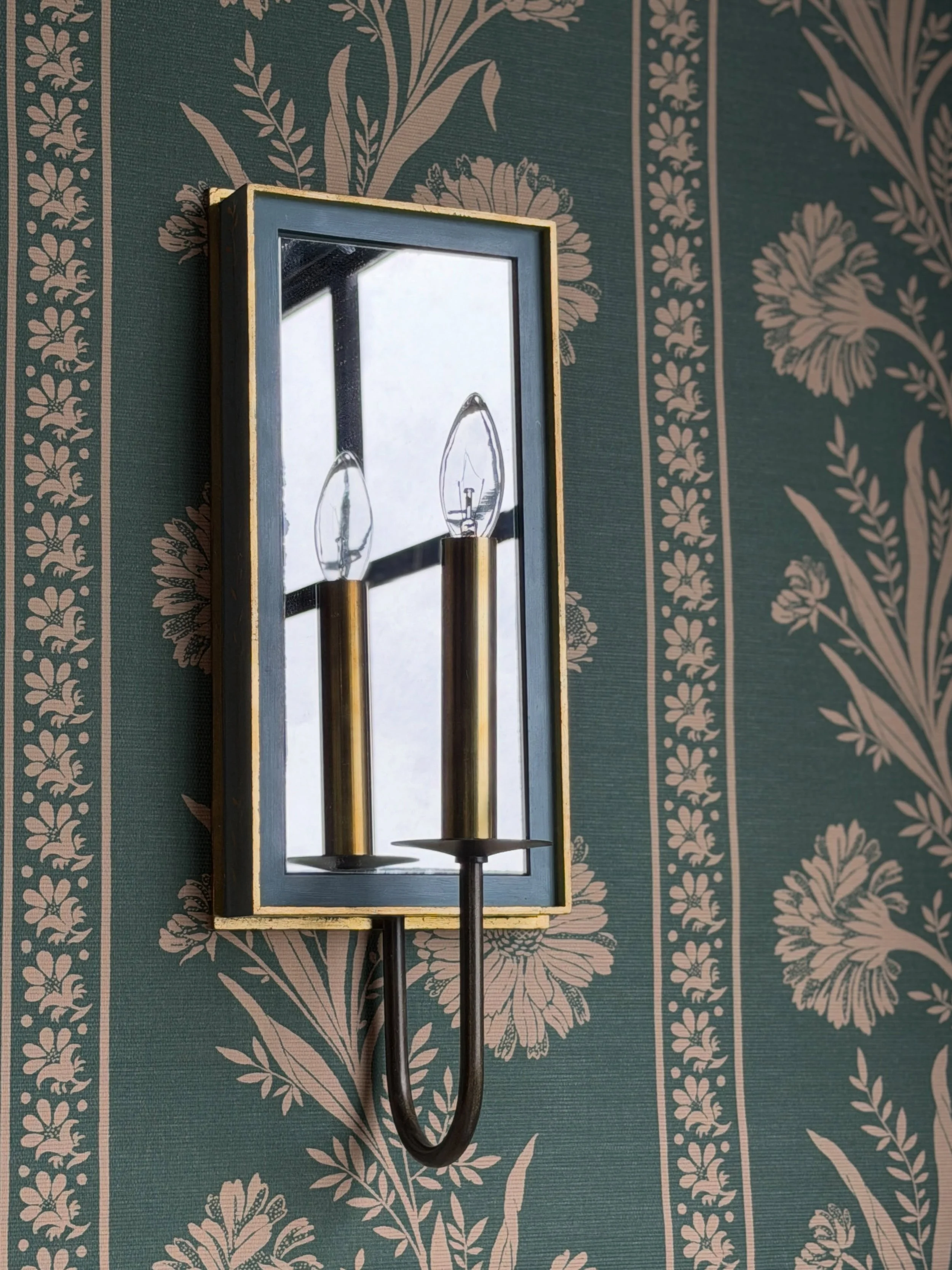 Petite no. 3 reflecting the summer light~ Shown here in a custom french blue with accent gilding on the beautiful @leahoconnelltextiles &ldquo;Aisling&rdquo; wallpaper in Alpine sourced from our friends at the Atlanta showroom @thedesignsocialstudio