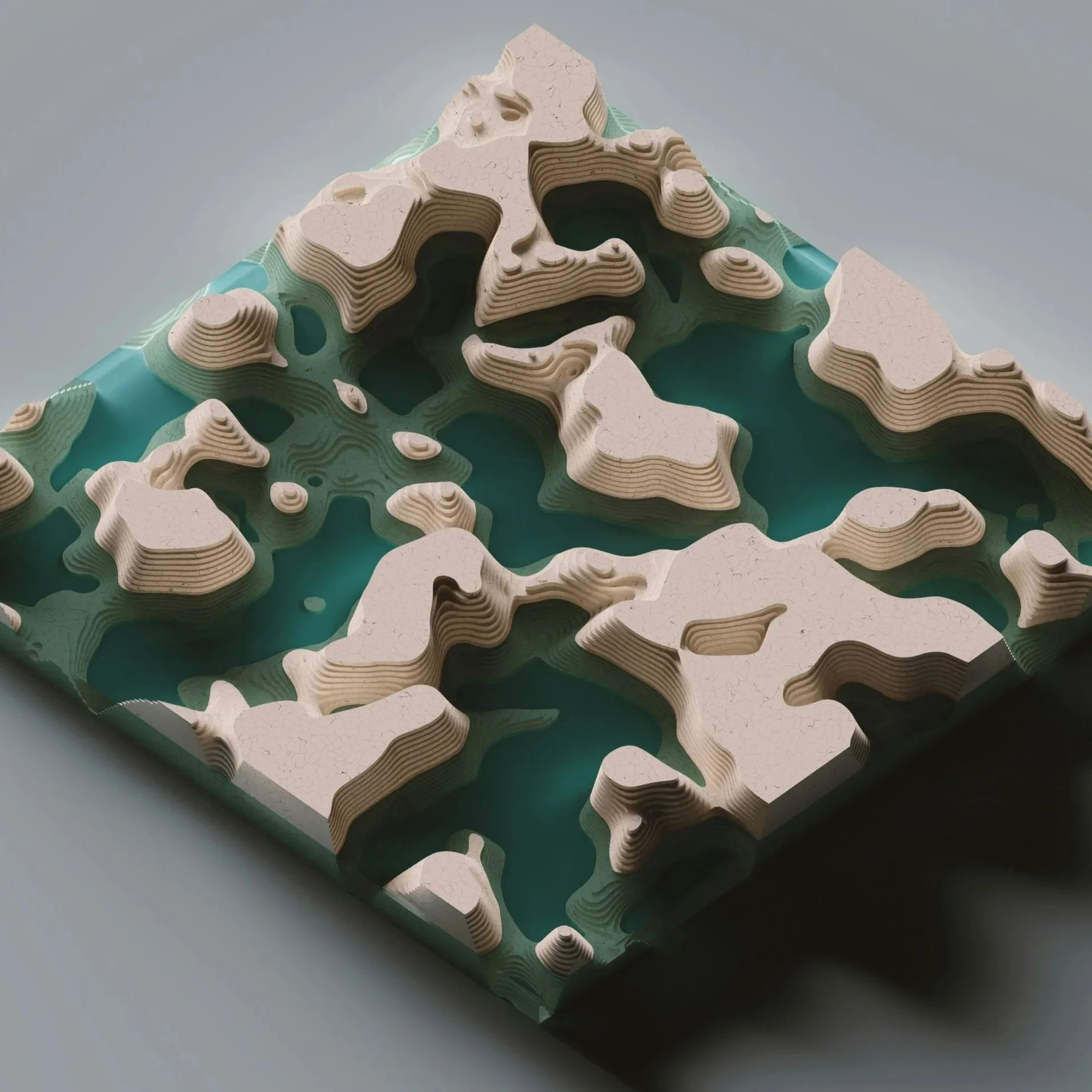 A layered topographic map with beige terrain layers, green areas, and some water bodies, viewed from above on a gray surface.