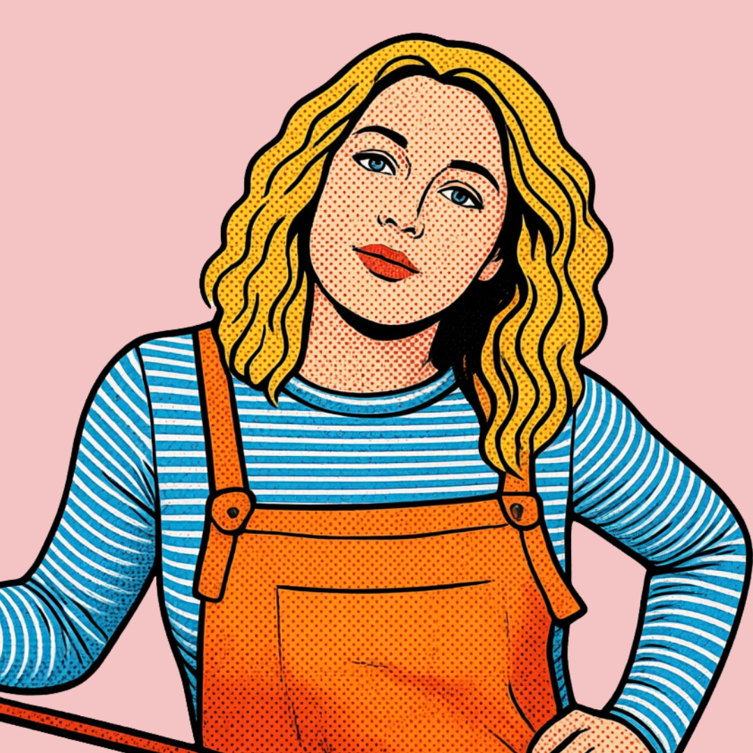 A woman with wavy blonde hair wearing a blue and white striped shirt and orange overalls against a pink background.