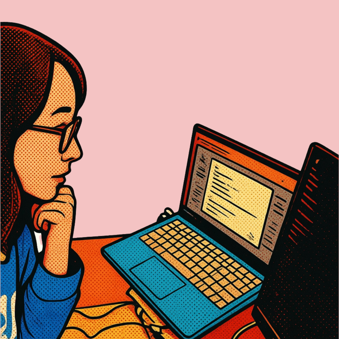 A woman with glasses, sitting at a desk, looking at a laptop screen with a pink background.