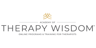 Logo for Therapy Wisdom, an online program and training for therapists, with a gold emblem and black text.