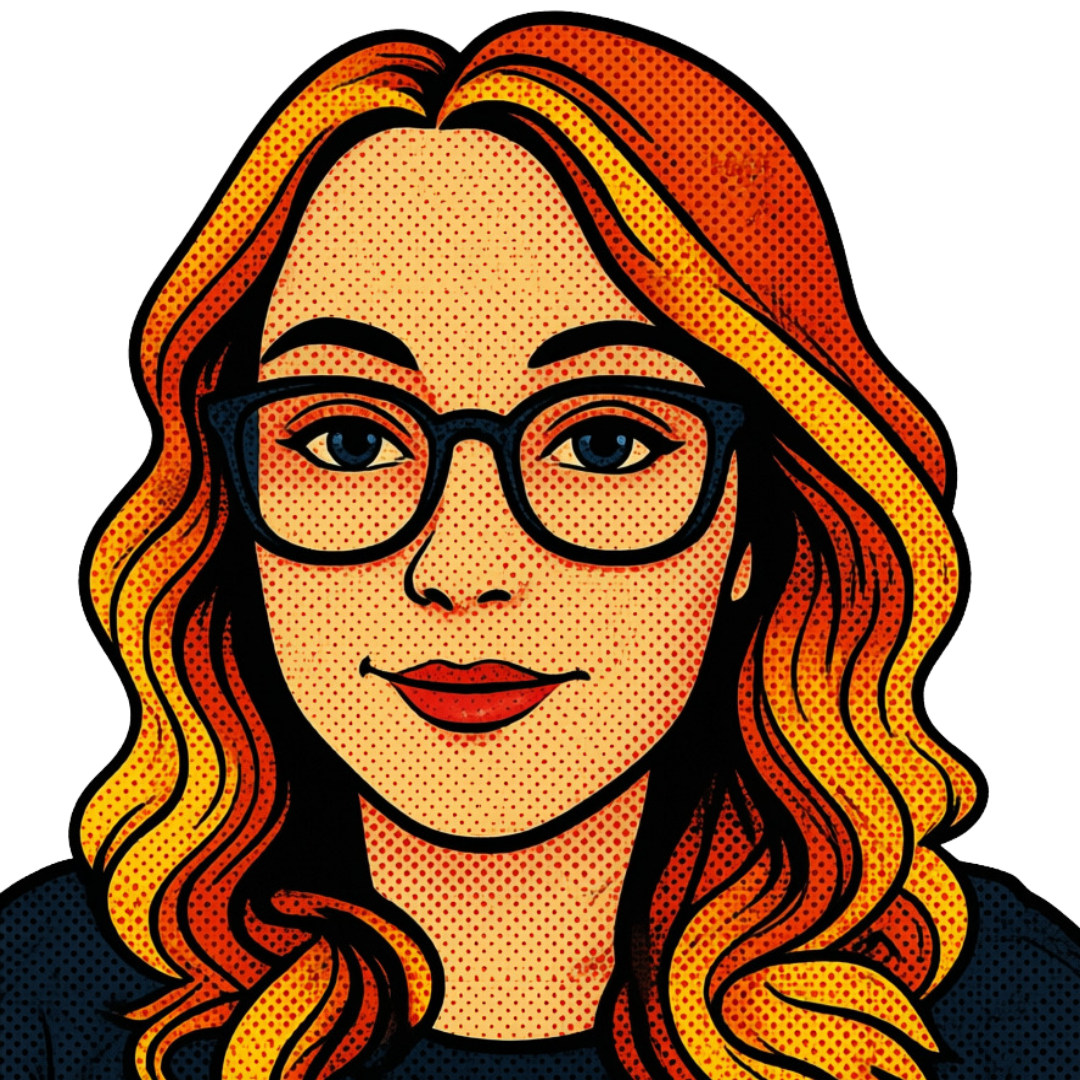 A digital illustration of a woman with long wavy orange hair, wearing glasses with black frames, and a dark shirt, inspired by pop art style.