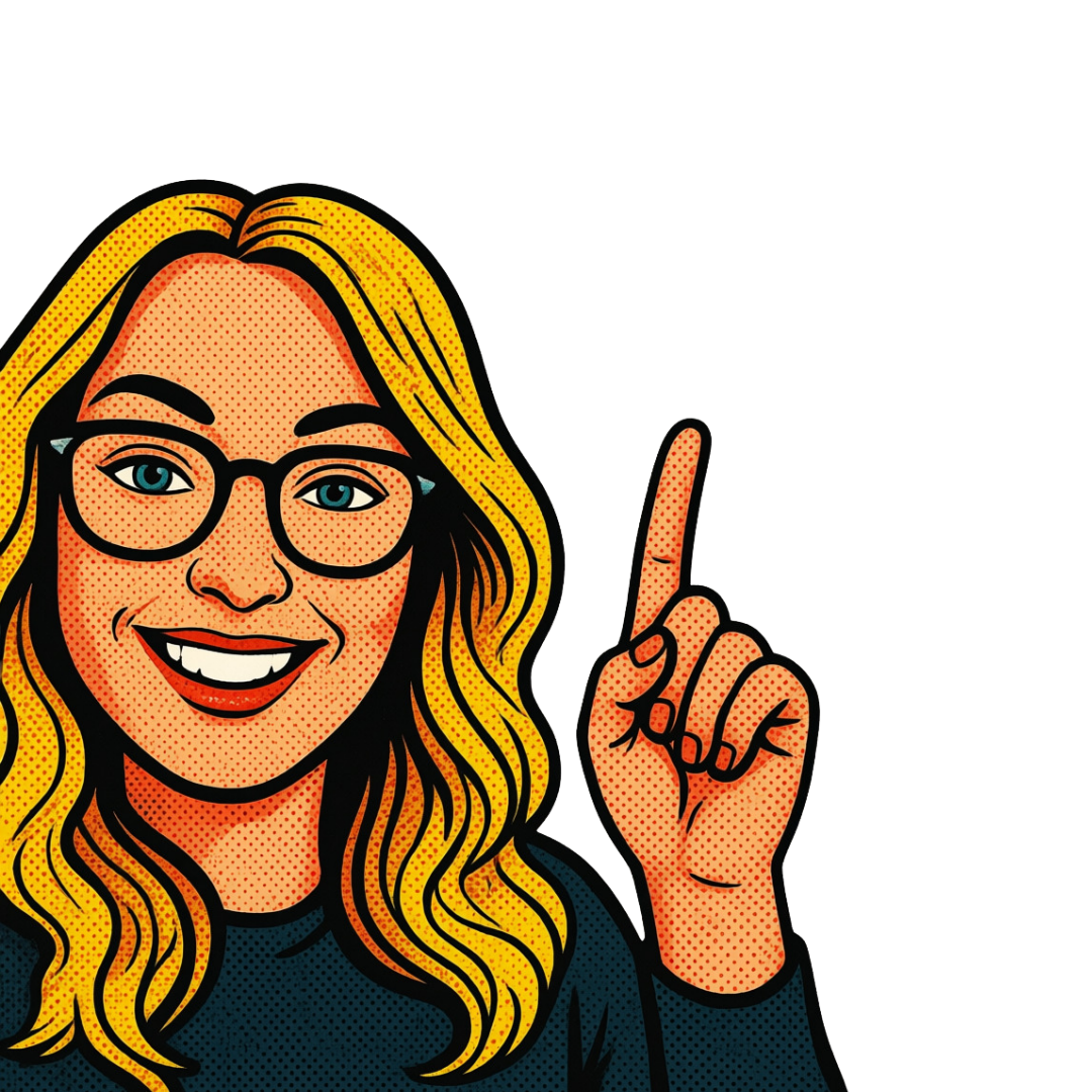 A woman with wavy blonde hair, glasses, and a dark shirt smiling and pointing upward with her index finger.