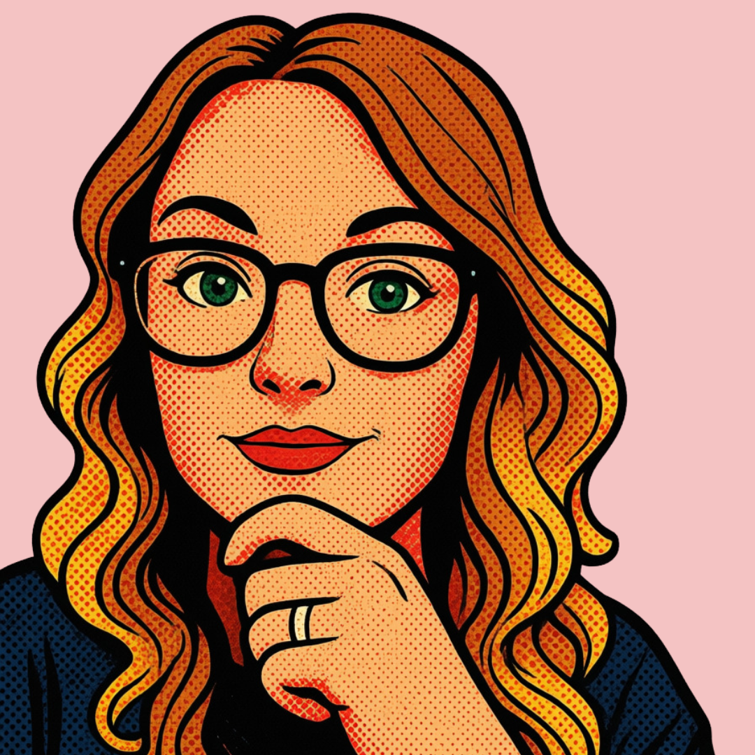 Pop art illustration of a woman with long wavy hair, glasses, and green eyes, holding her chin with her hand against a pink background.