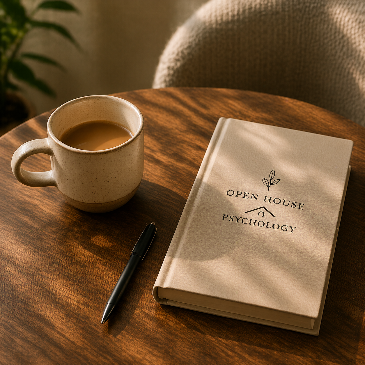 A table with a beige notebook titled 'Open House Psychology,' a black pen, a mug of tea or coffee, and a chair in background.