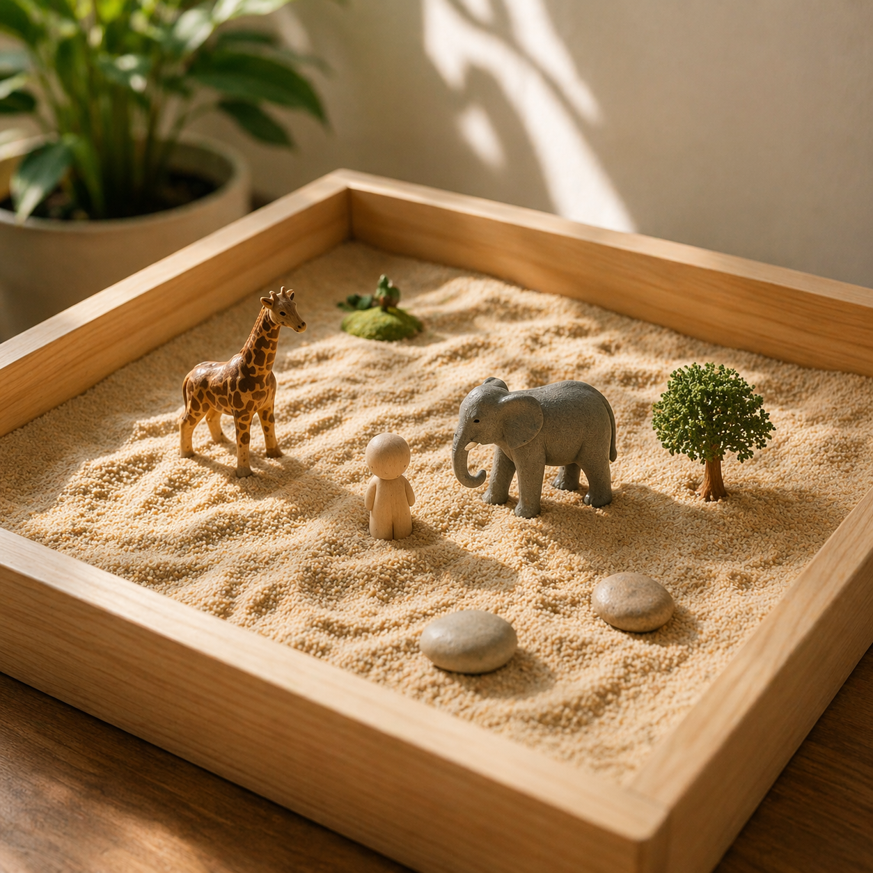 Miniature toy giraffe, elephant, a small wooden human figure, a tiny tree, and rocks arranged in a sandbox with a plant in the background.