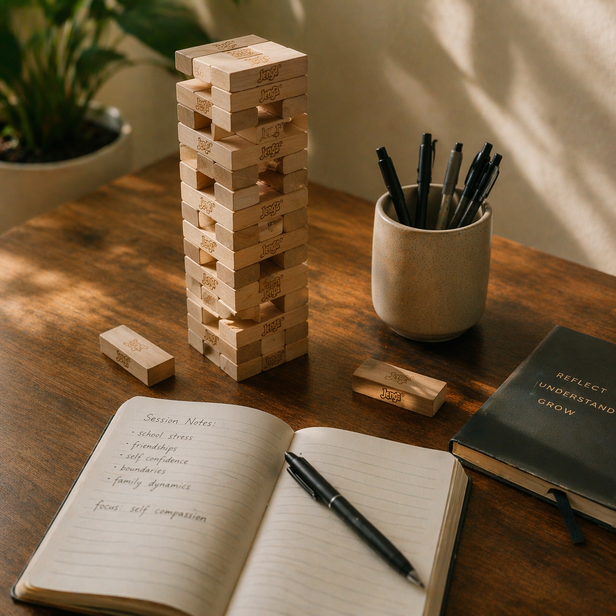 A wooden desk with a Jenga game tower, a cup of black pens, an open notebook with handwritten notes, and a closed book titled 'Reflect Understand Grow'. A potted plant is partially visible in the background.