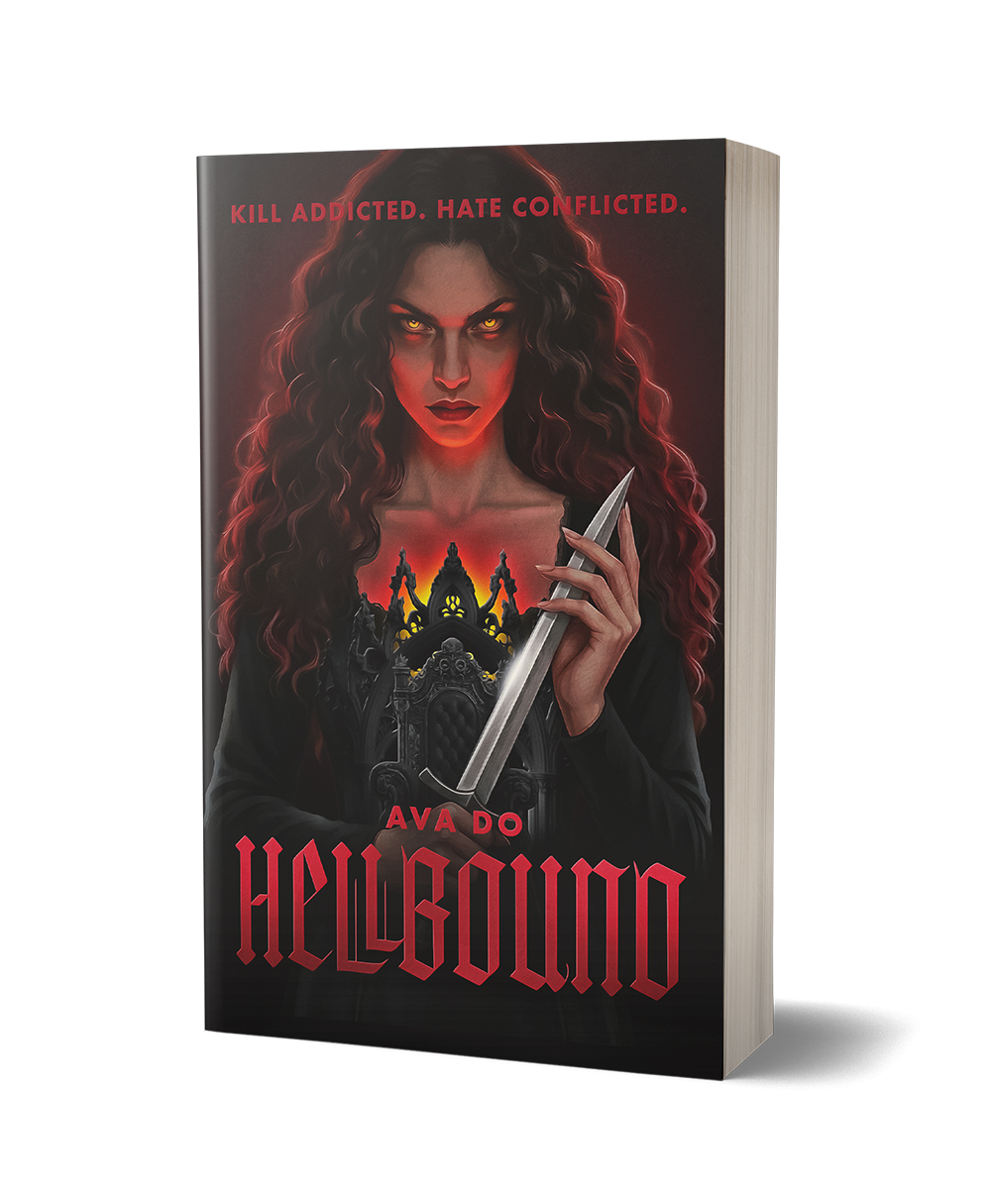 Book cover featuring a woman with long, curly hair and glowing eyes, holding a sword, with a dark, gothic background. Text on cover includes "Kill Addicted. Hate Conflicted." and the title "Ava Do Hellbound."