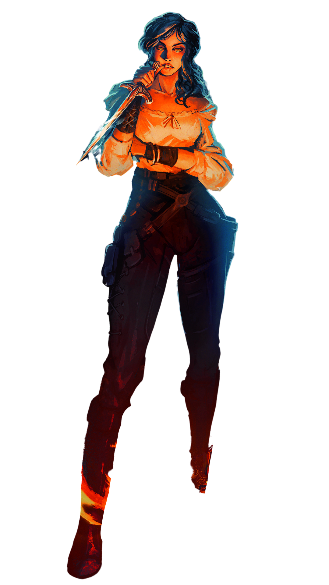 Digital illustration of a woman with dark blue hair, holding a sword to her lips, dressed in a beige off-shoulder top, black pants, and combat boots.