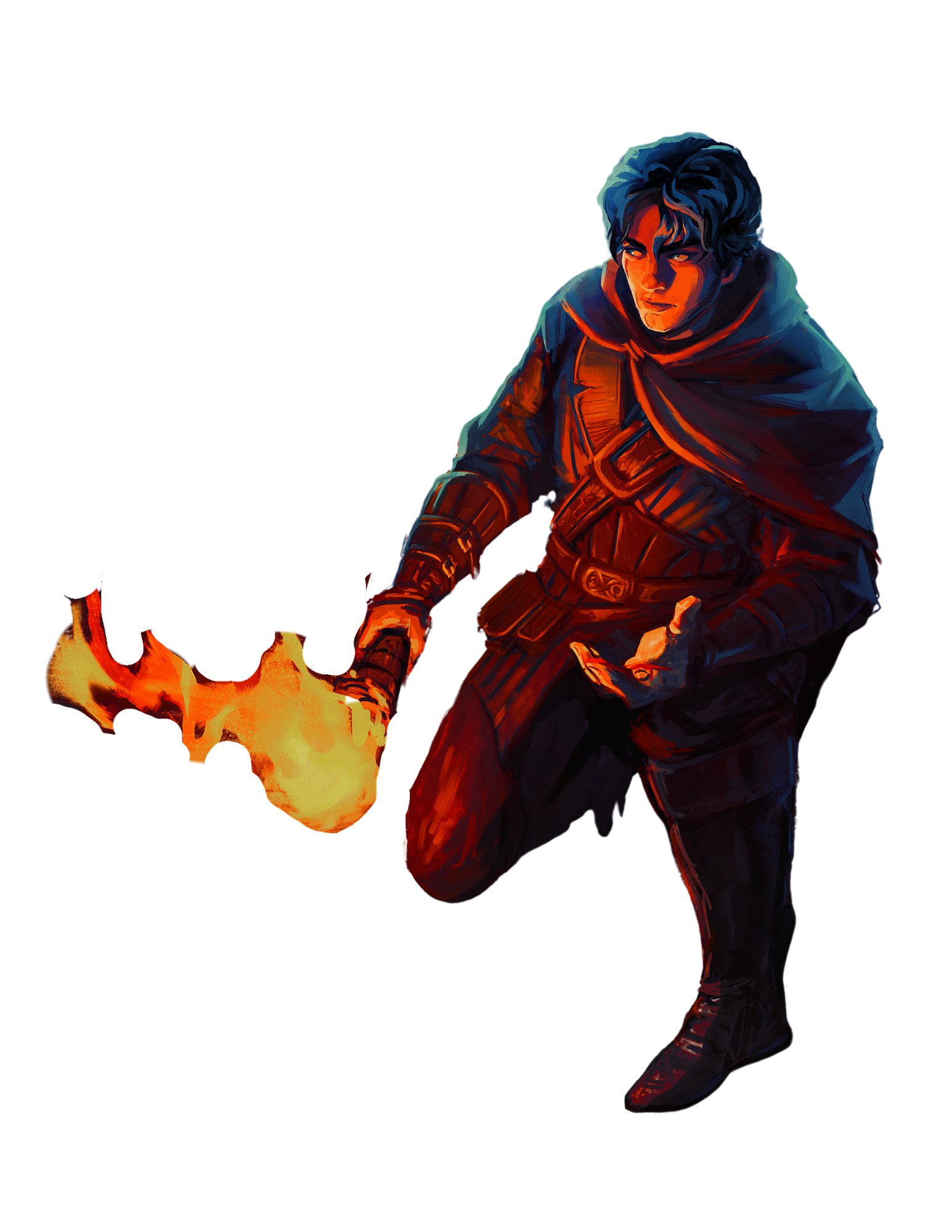 Digital illustration of a young man with dark hair and intense expression, wearing a dark cloak, with flames at his feet, set against a black background.