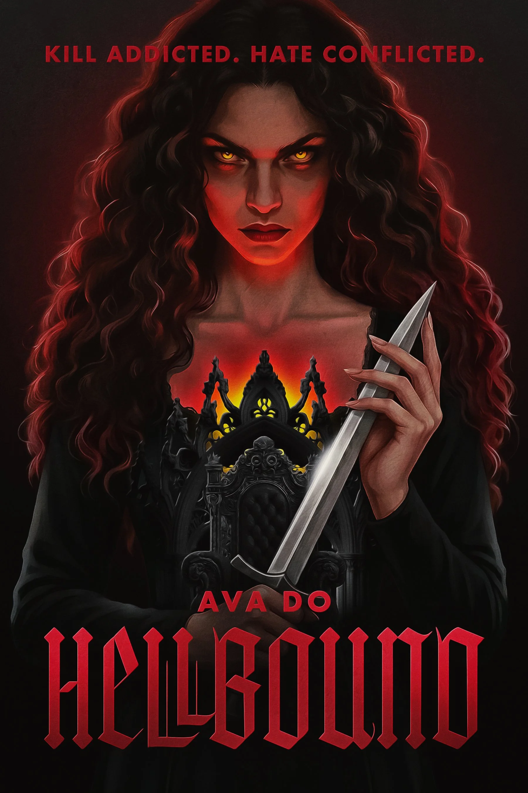A digital artwork featuring a woman with long, curly dark hair and glowing yellow eyes. She has a fierce expression and is holding a sword. The background is dark with red and orange accents. The text "KILL ADDICTED. HATE CONFLICTED." appears at the top in red, and the name "AVA DO" is at the bottom in red. The bottom also features stylized red text.
