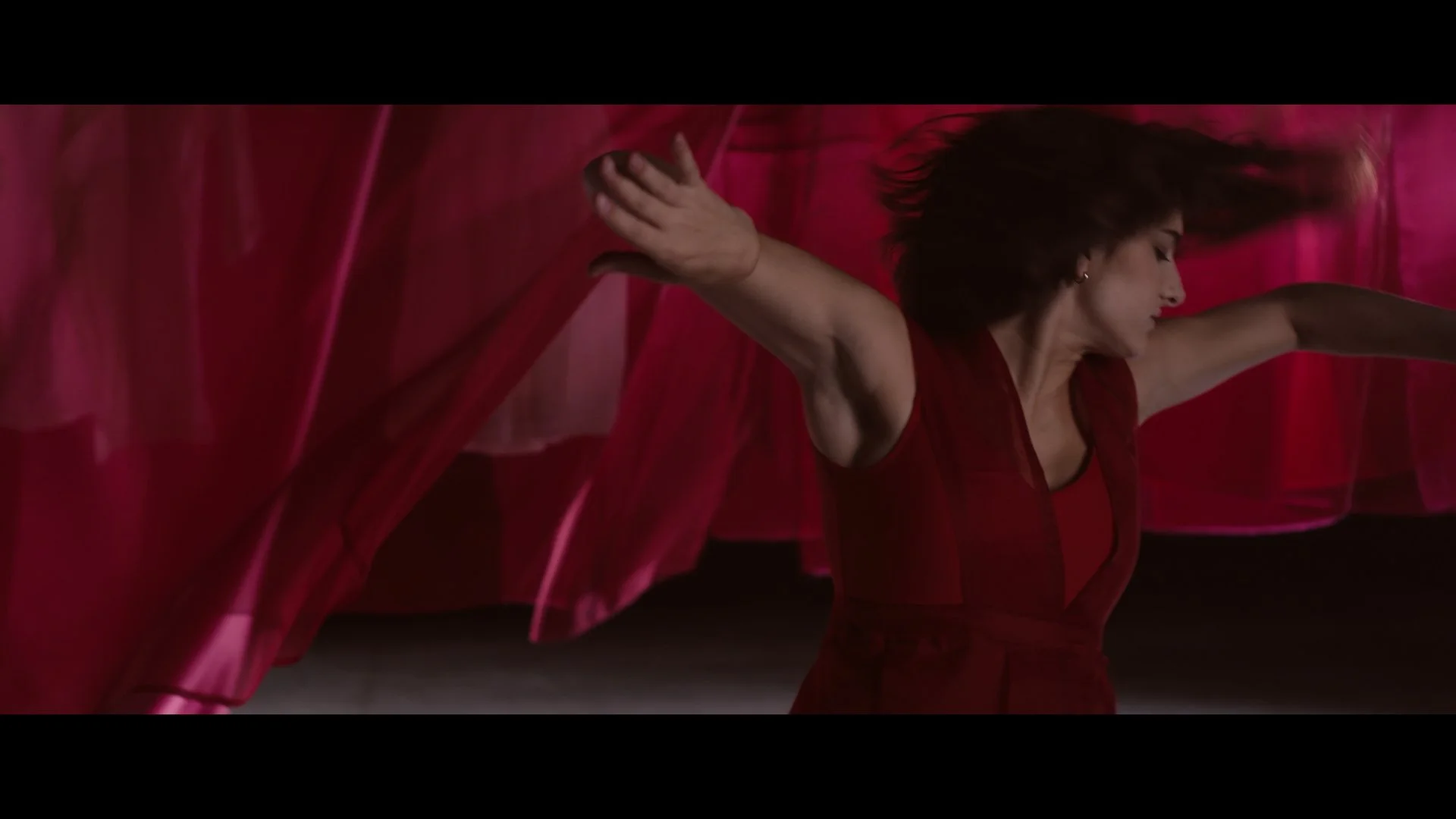 Woman in a red dress dancing with sheer red fabric, arms extended and hair flowing.