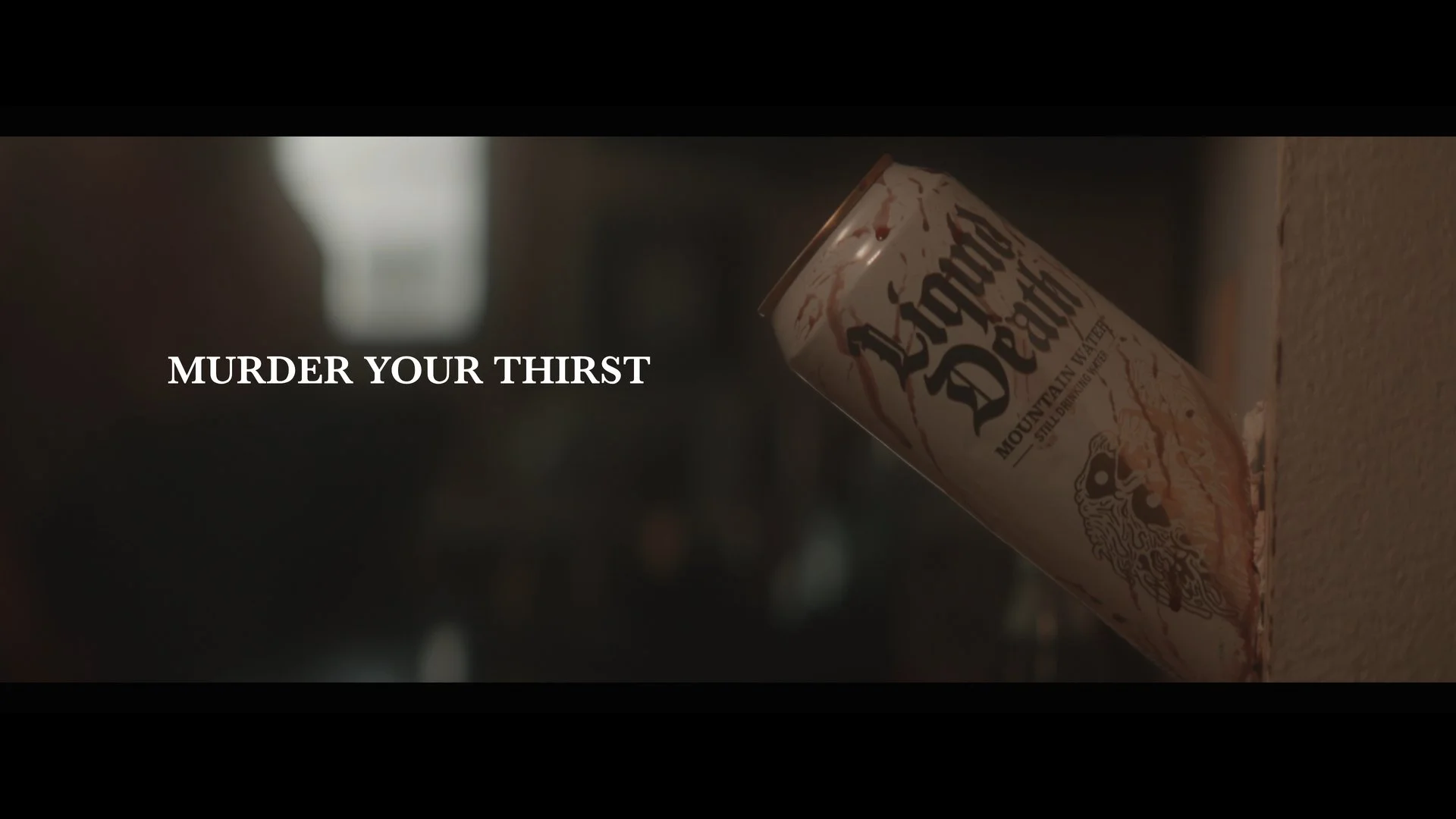 A can of Mountain Dew soda mounted on a wall with the text "MURDER YOUR THIRST" overlayed.