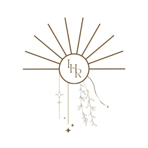 A minimalist line art illustration features a circular emblem with the letters 'LHR' inside, surrounded by radiating lines, with hanging stars and a small crescent moon, along with delicate leaf and branch designs.