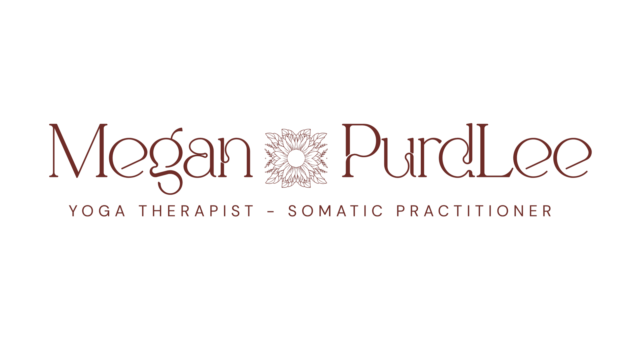 Business logo for Megan Purdie, a yoga therapist and somatic practitioner, featuring her name in elegant fonts and a detailed floral design.