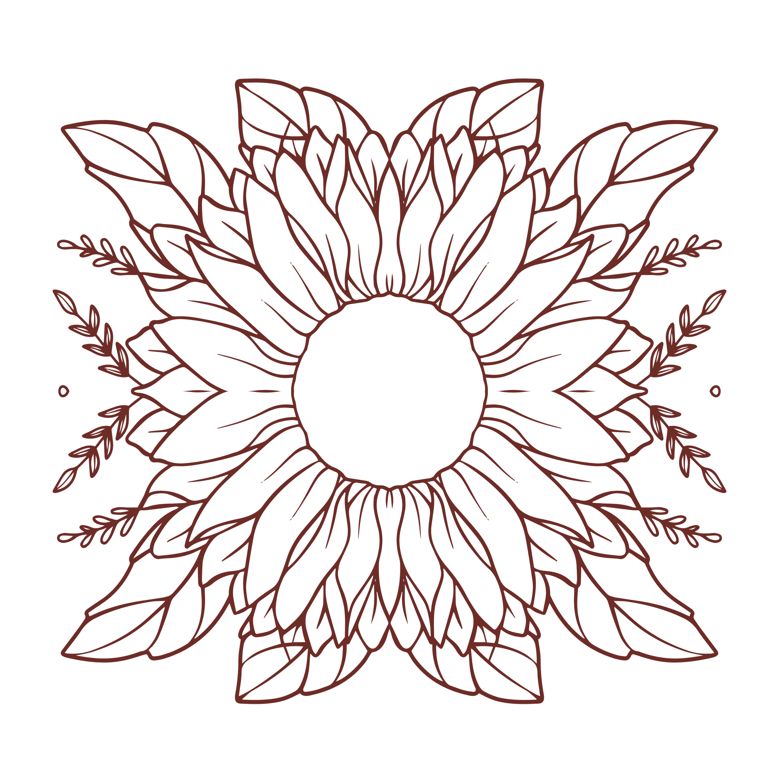 A minimalist line art illustration of a large flower with multiple leaves on a black background.