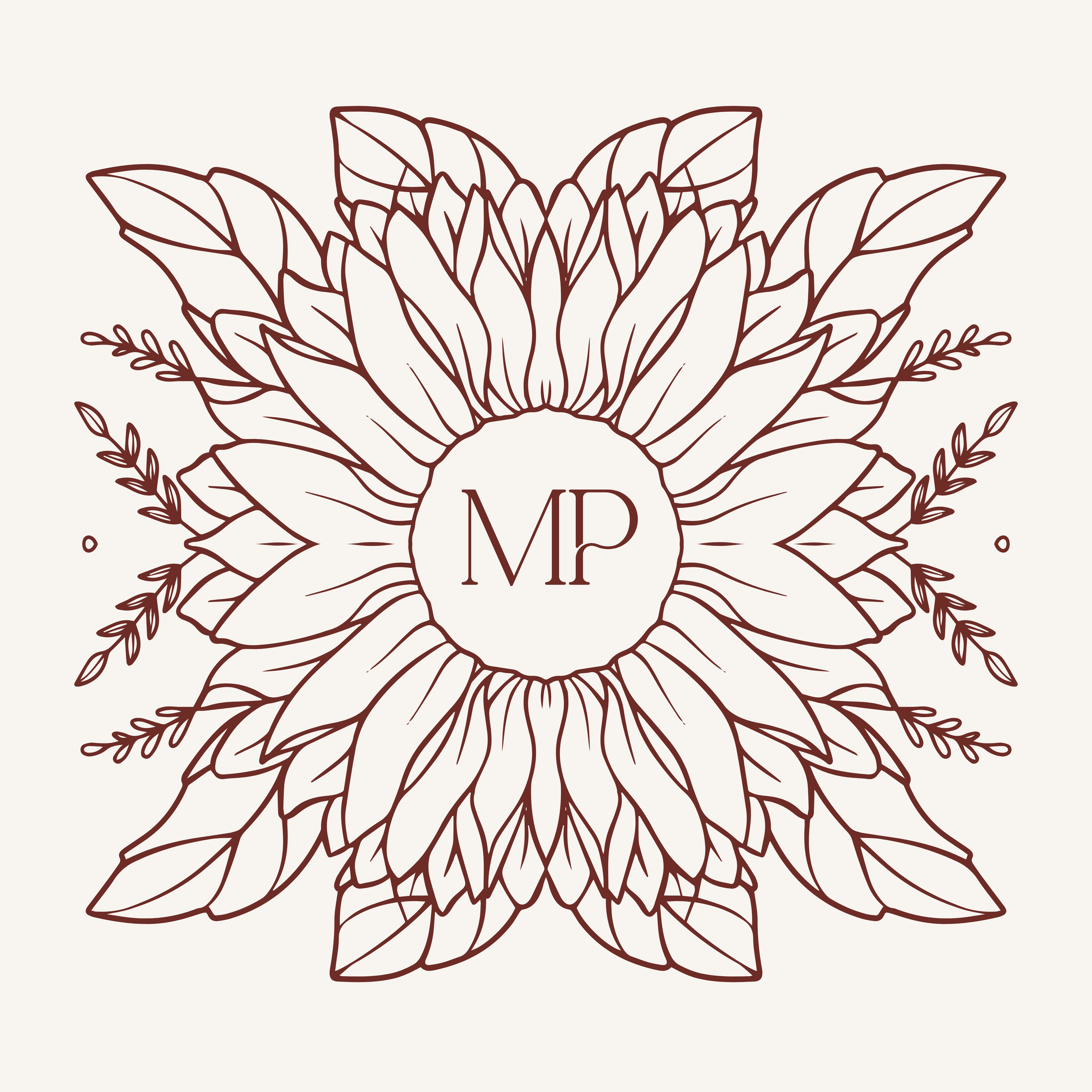 An illustration of a floral wreath with the initials 'MP' in the center.