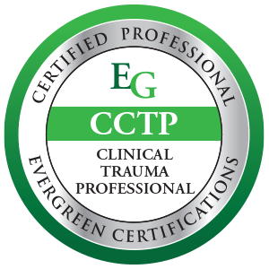 Seal with green and black border, labeled 'Certified Professional Evergreen Certifications,' 'EG,' and 'CCTP,' for Clinical Trauma Professional.