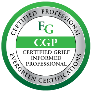 Circular badge with green and white design, displaying certifications: EG, CGP, Certified Grief Informed Professional, and Evergreen Certifications.