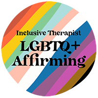 Rainbow-colored text displays the phrases Inclusive Therapist, LGBTQ+ Affirming, on multi-colored diagonal stripes.