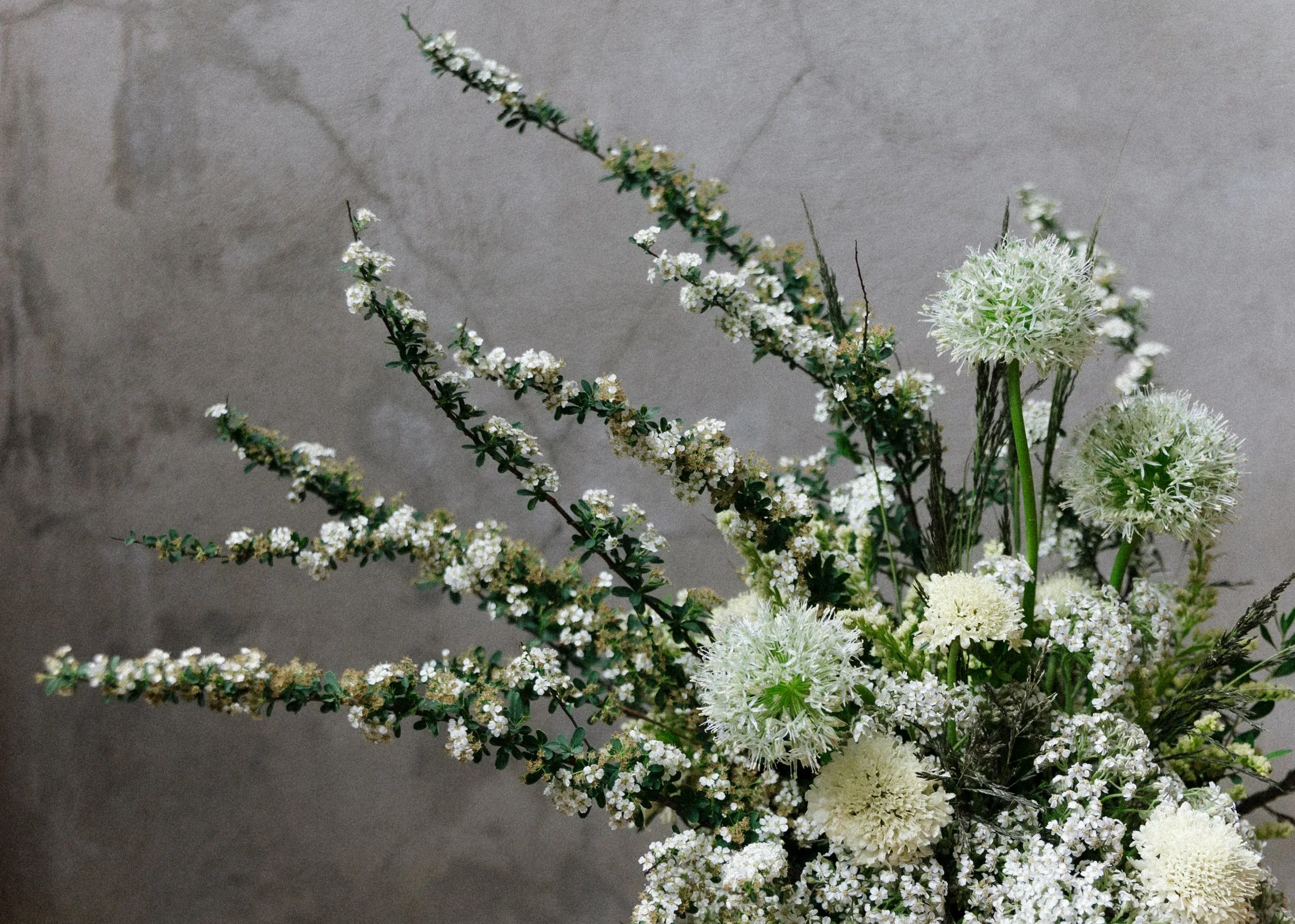 A bouquet of white and green flowers with various types of blooms arranged against a gray background.