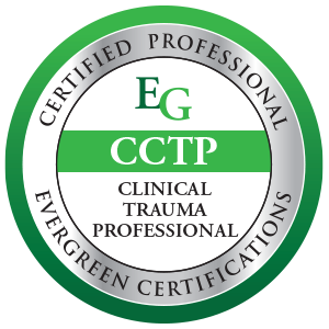 Circular badge with green and gray colors, celebrating a Certified Professional in Clinical Trauma Profession certification from the Evergreen Certifications.