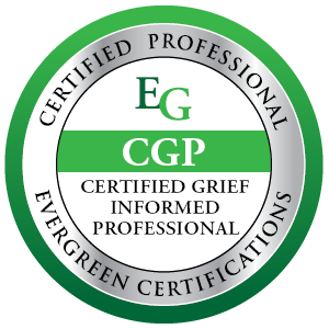 A circular badge with green, white, and black colors displaying certification phrases for grief counseling professionals.