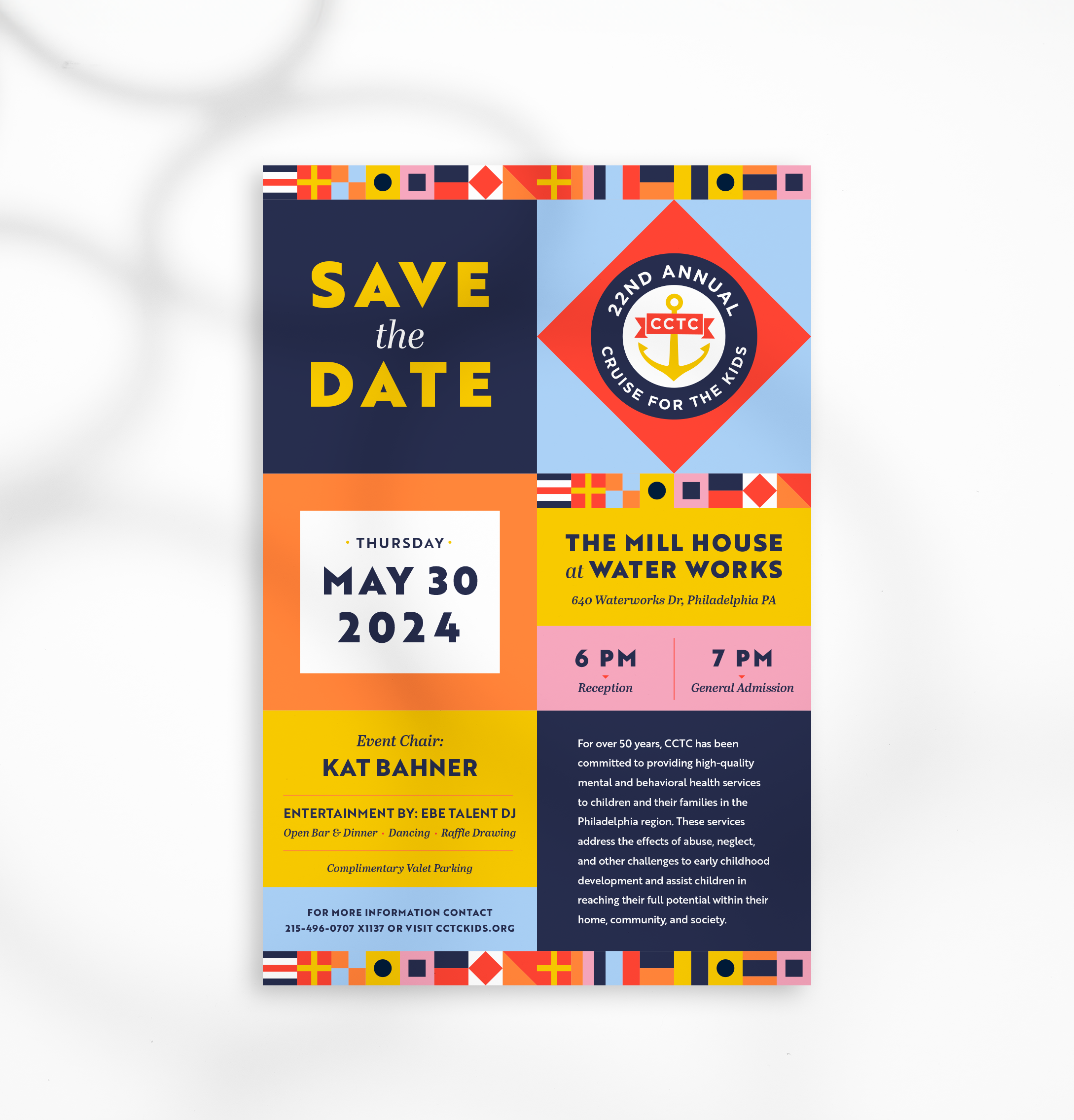 Colorful "Save the Date" design for the 22nd Annual Cruise for the Kids event on May 30, 2024, with nautical flags and event details in bold fonts.