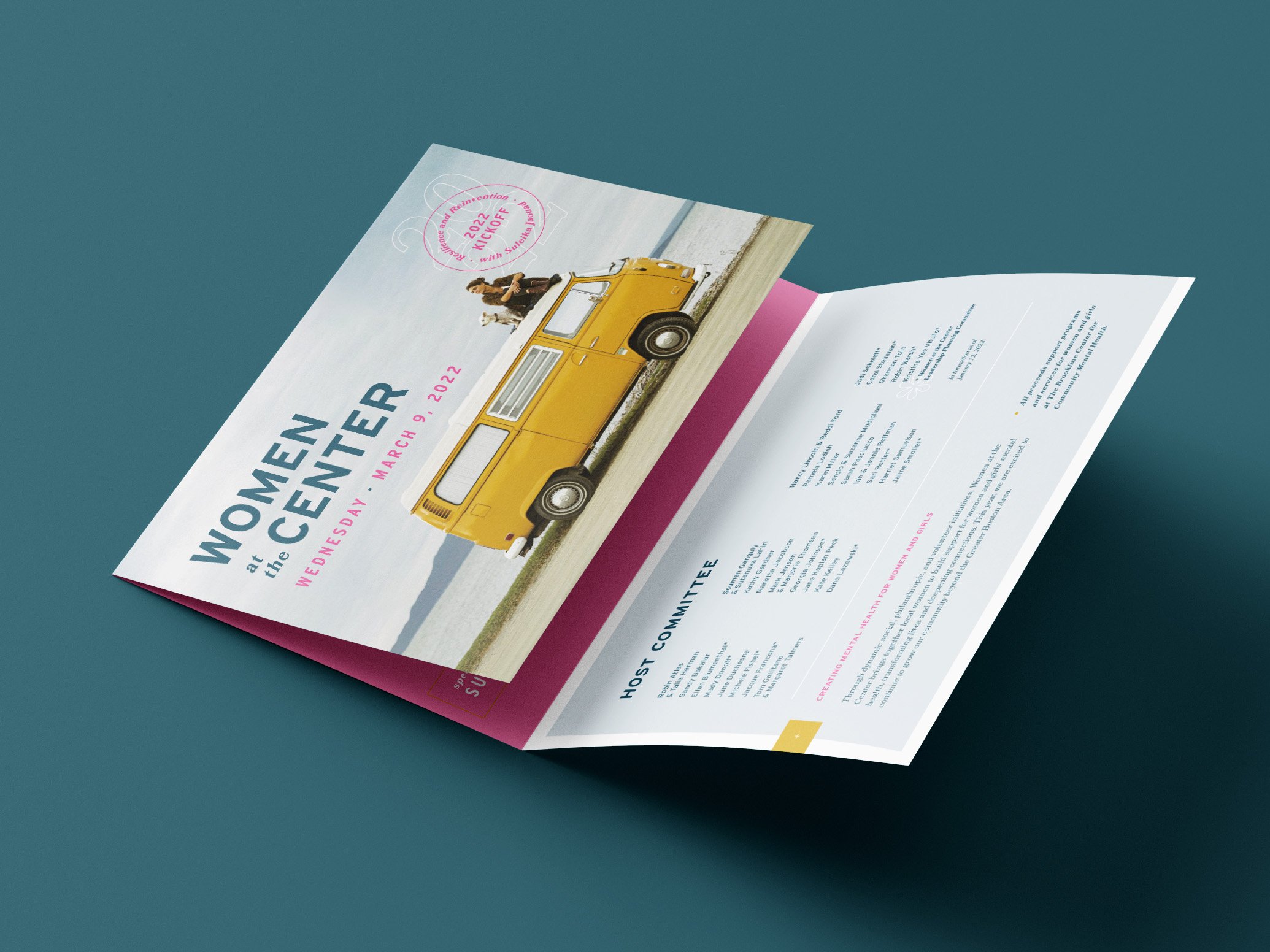 Trifold invitation featuring "Women at the Center" event details. The cover shows a woman sitting on a yellow van by a beach. The invitation is open to a page displaying host committee names.