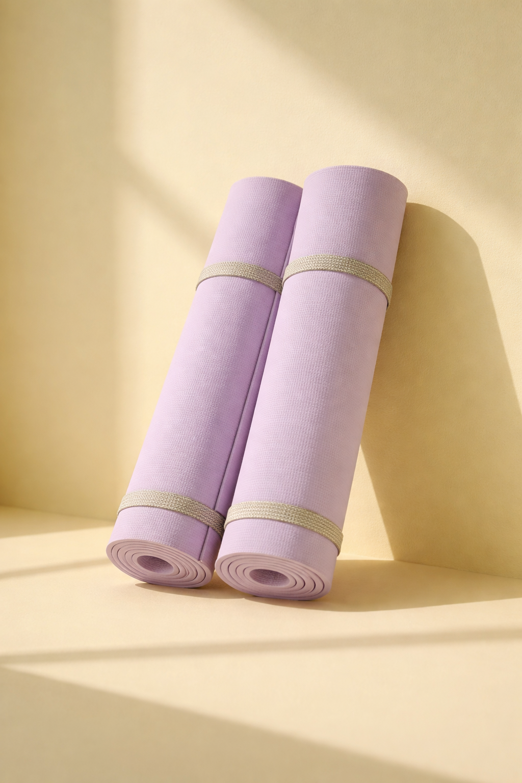 Two rolled pink yoga mats with beige straps leaning against a yellow wall in sunlight.
