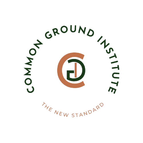 Logo of the Common Ground Institute with a circular design, green and brown colors, and the slogan 'The New Standard' beneath.