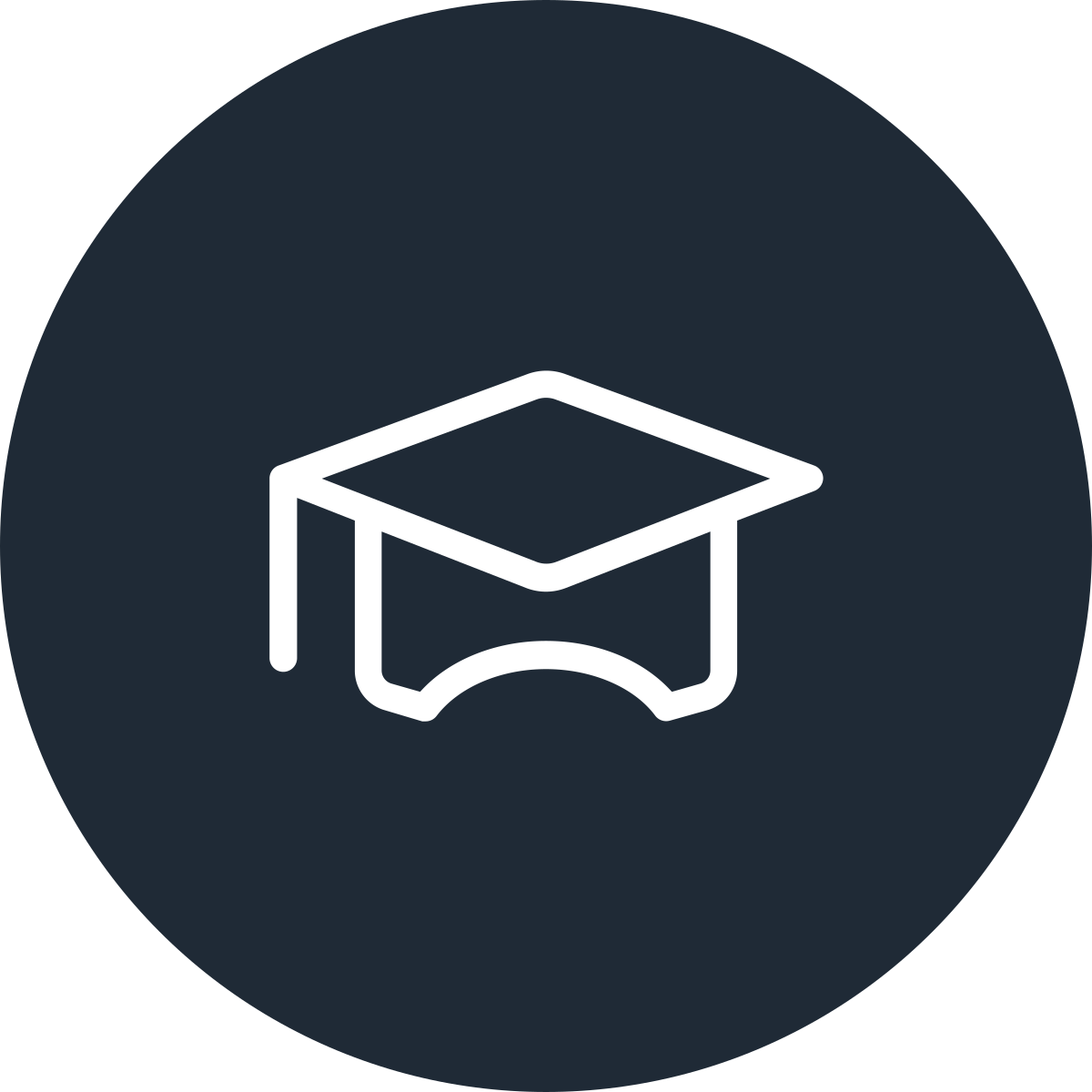 Icon of a graduation cap with a diploma ribbon in a white outline on a dark gray circular background.