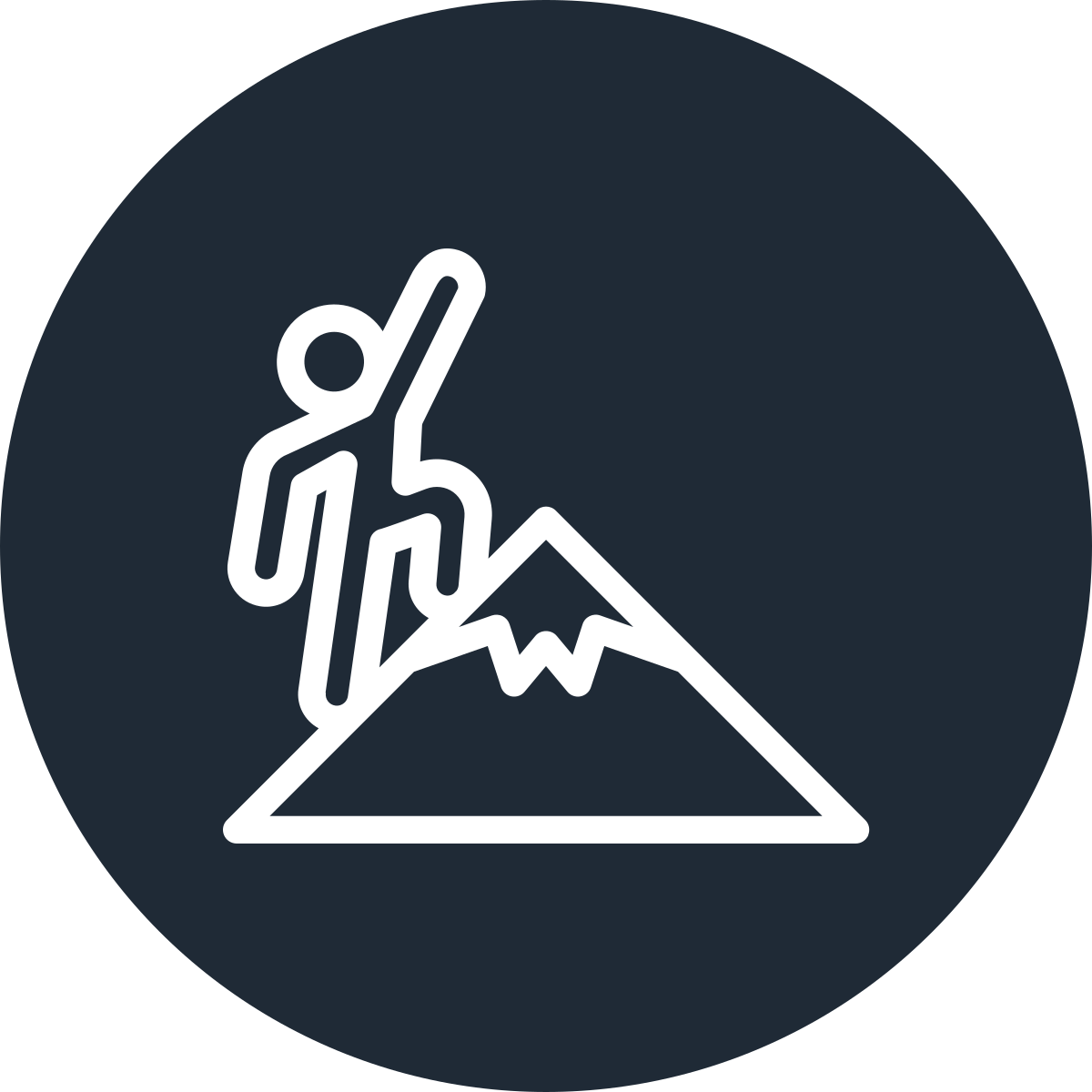 Icon of a person climbing a mountain with a flag at the peak, symbolizes achievement or reaching a goal.