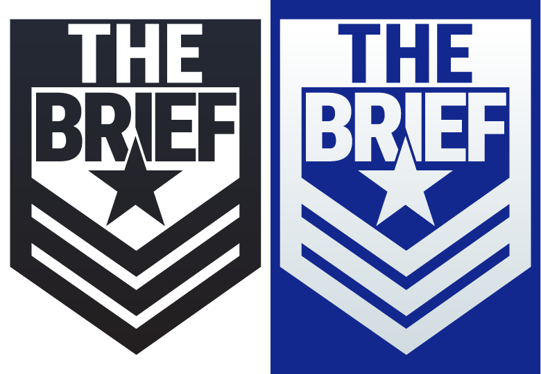 Side-by-side logos of 'The Brief'; left logo in black and white, right logo in blue and white, both featuring a shield shape with a star and chevron stripes.
