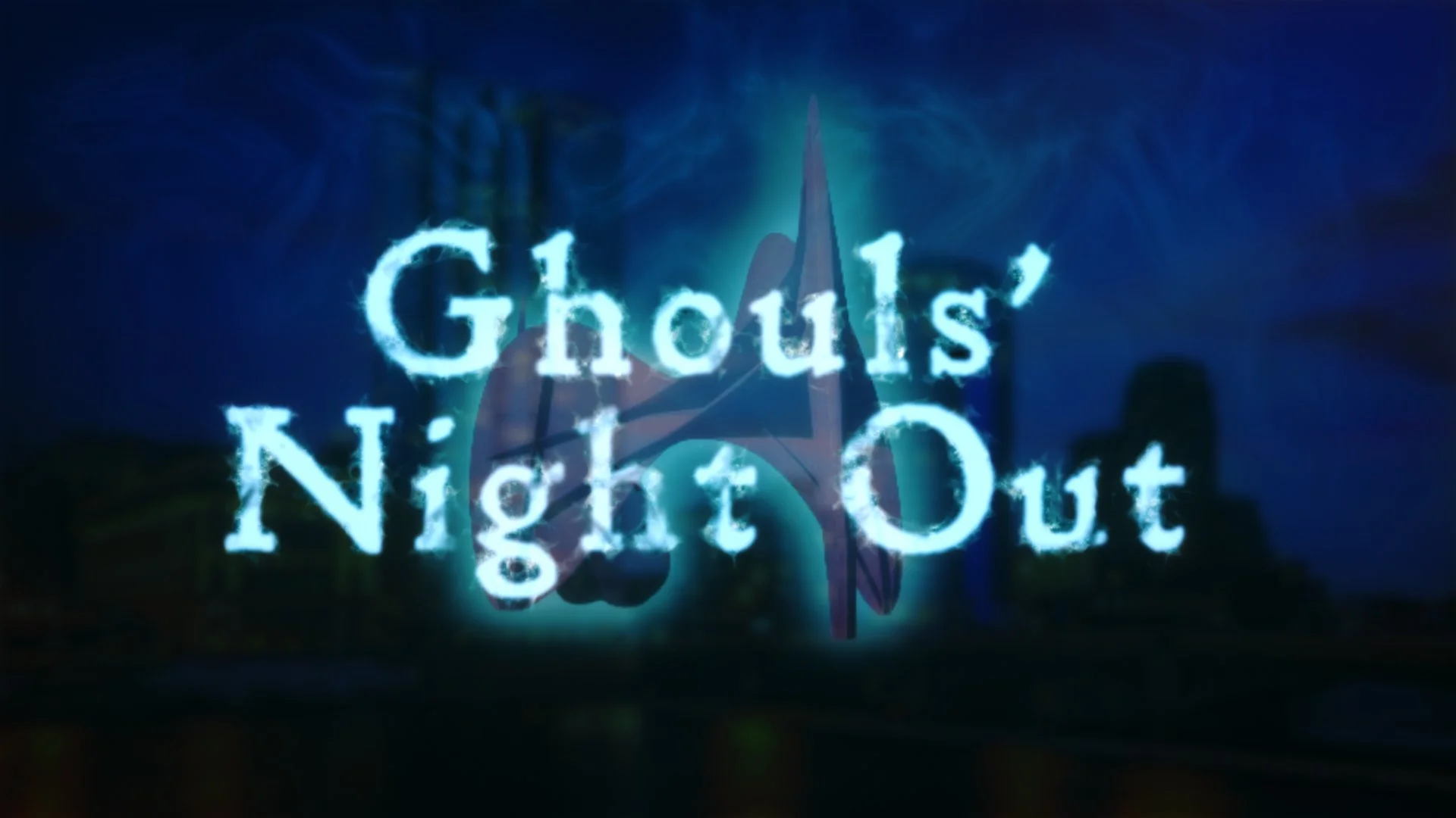 Title screen of the game 'Ghouls Night Out' with glowing blue text over a dark, spooky city skyline at night.