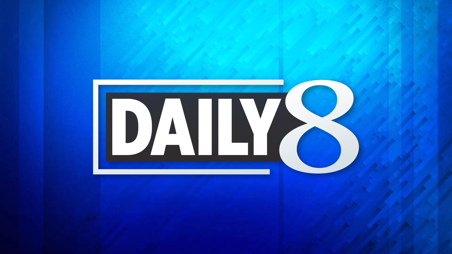 Logo of Daily 8 news program with blue geometric background.