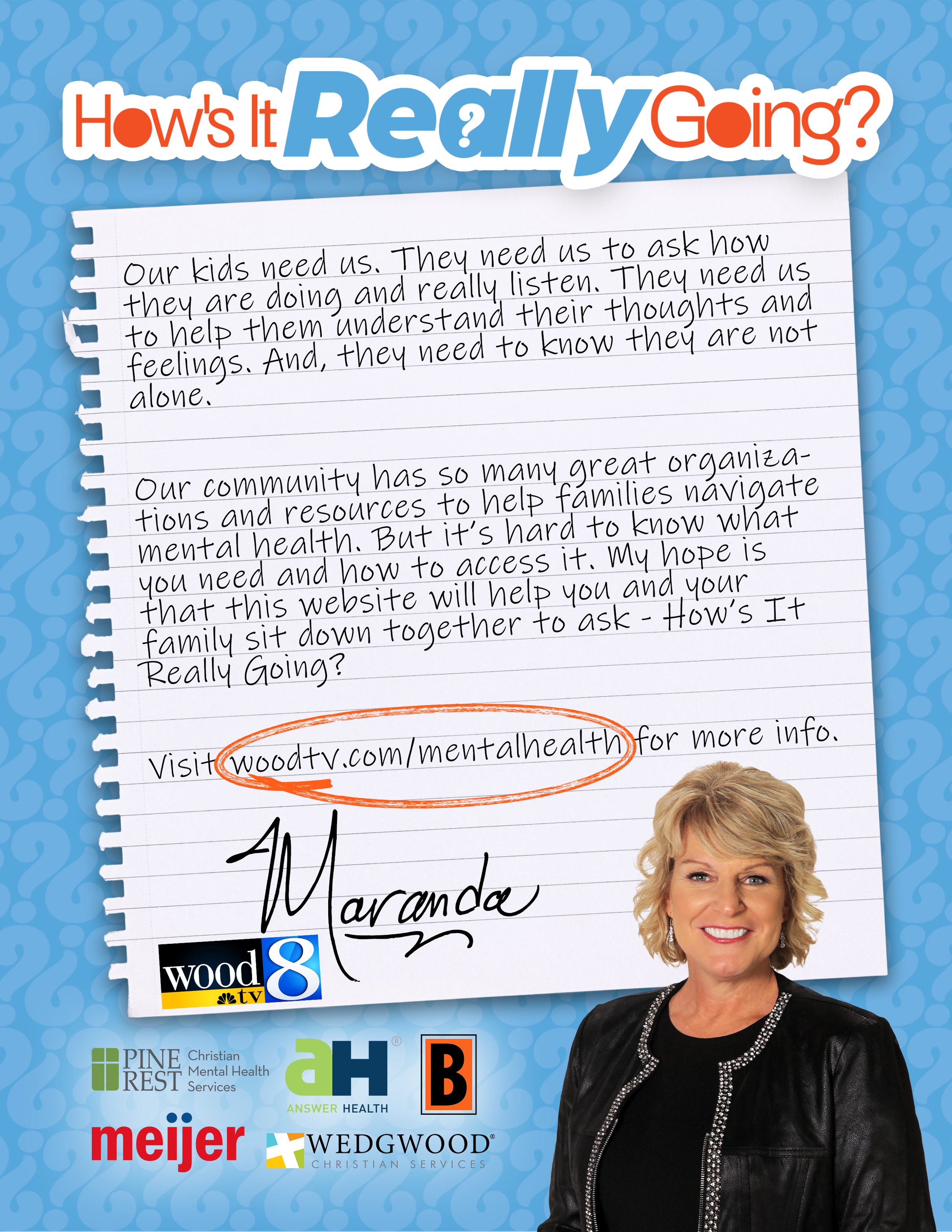 A promotional poster with a handwritten note on notebook paper, asking 'How's It Really Going?' with details about mental health resources.