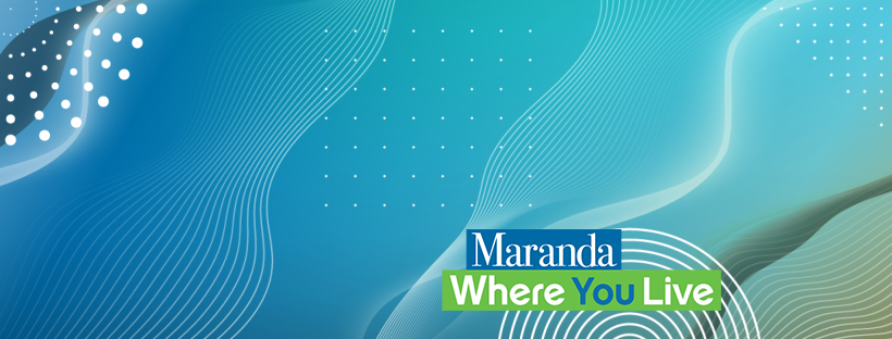 Graphic with blue and green abstract background and text that reads "Maranda Where You Live."