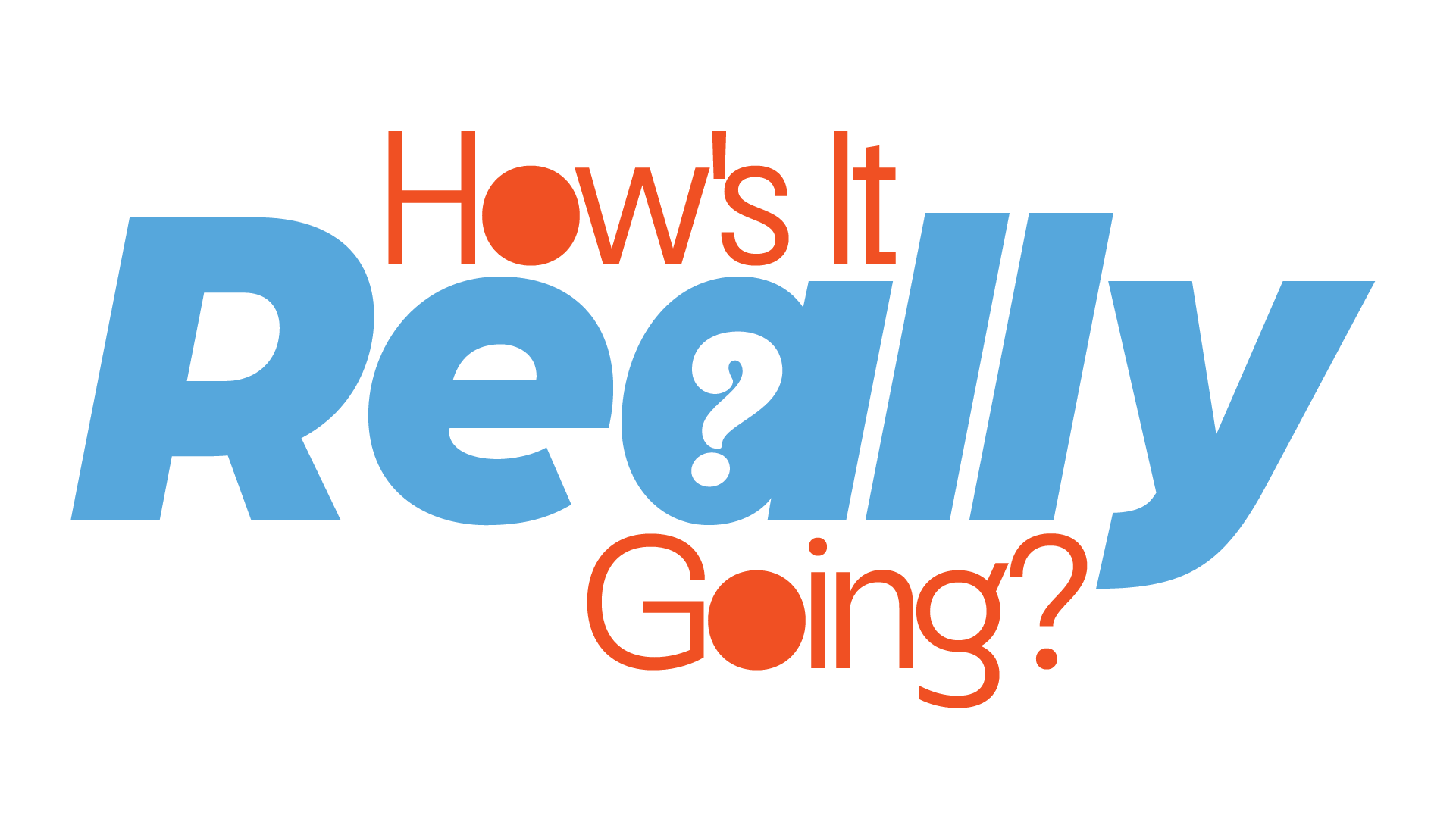 Colorful text graphic asking "How's it really going?" with the word "really" in large blue letters and the rest in smaller red and black letters, with a black background.