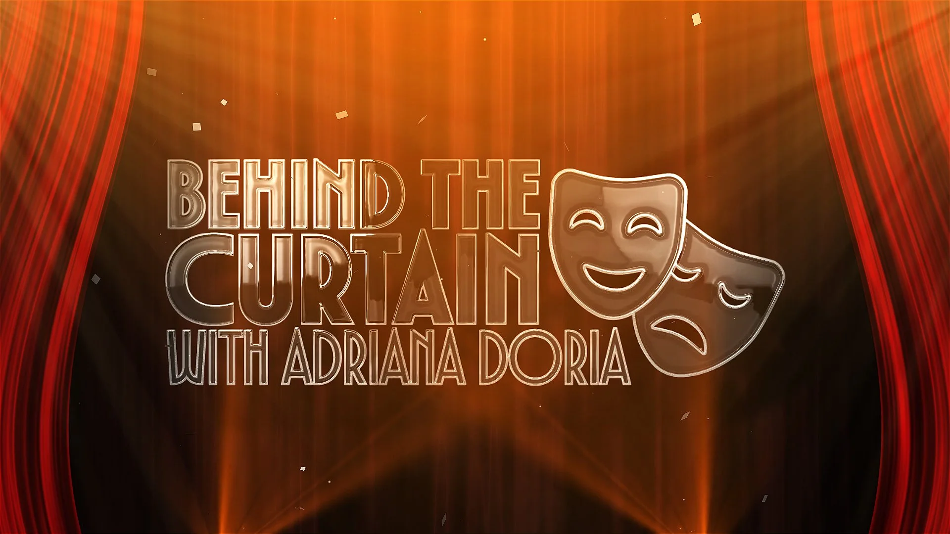 Behind the curtains with Adriana Doria logo, featuring comedy and tragedy masks in a theatrical setting.