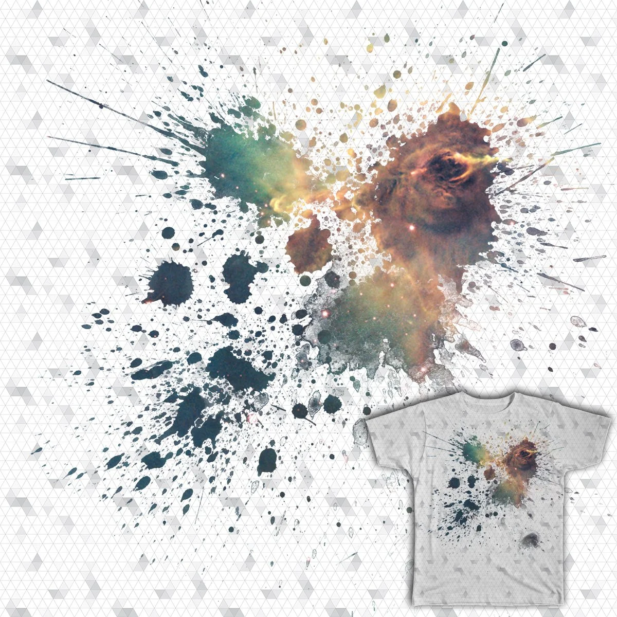 A graphic design of colorful galaxy space explosion with paint splatters, displayed on a white T-shirt.
