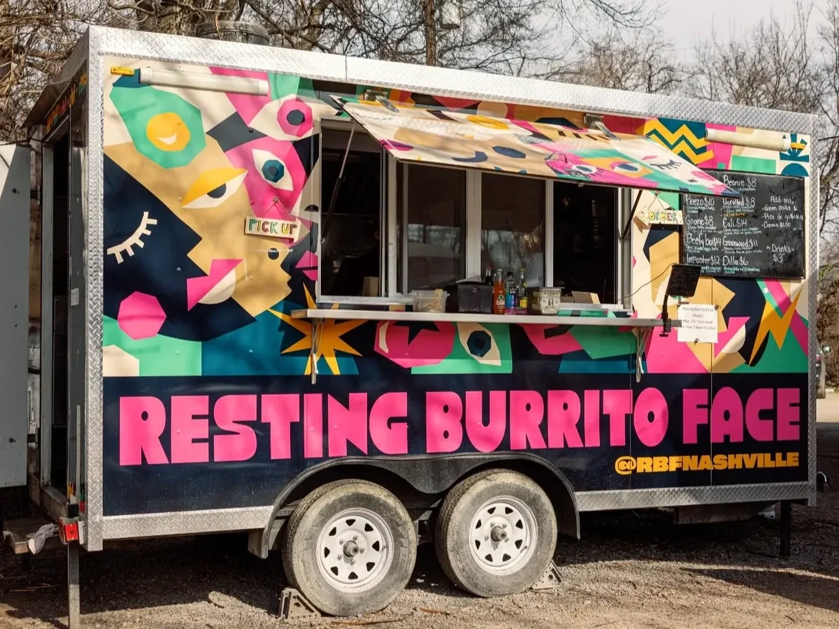 The colorful Resting Burrito Face breakfast burrito food truck parked at its East Nashville location on Porter Road.