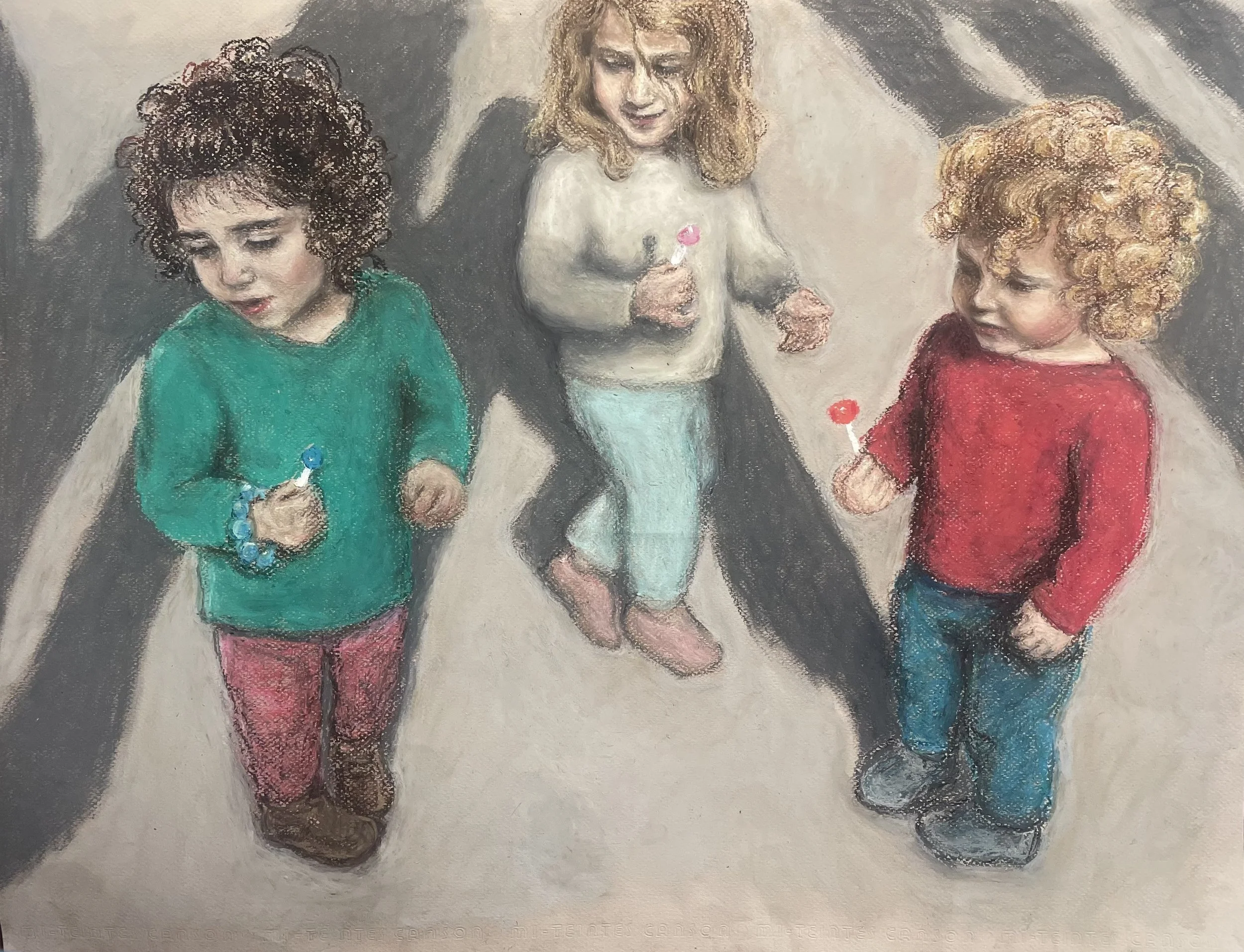 Shadows on the Pavement (2025)
Oil pastel on paper
20”x25 1⁄2”

From a series about how we are shaped by our relationships and seen differently within the contexts of our relationships, particularly how familial relationships affect the way we are se